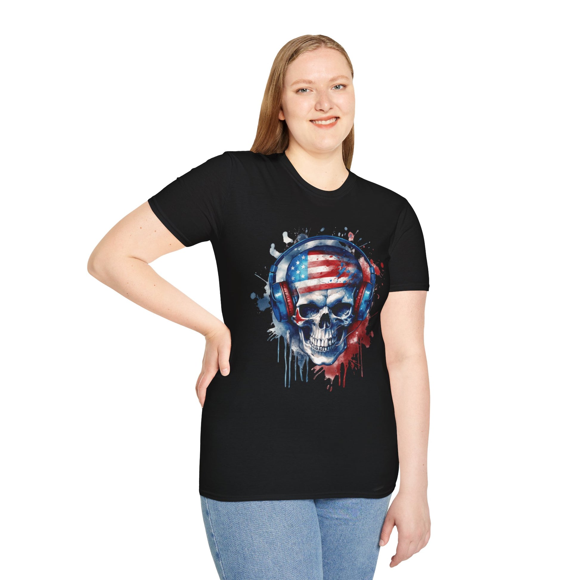 Patriotic Skull Headphones - Unisex Softstyle T-Shirt - OCDandApparel