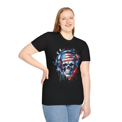 Patriotic Skull Headphones - Unisex Softstyle T-Shirt - OCDandApparel