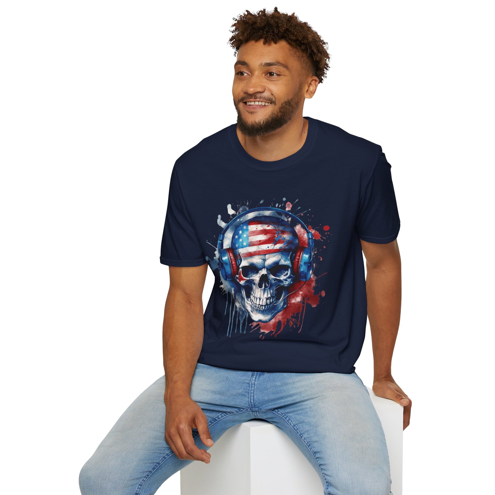 Patriotic Skull Headphones - Unisex Softstyle T-Shirt - OCDandApparel