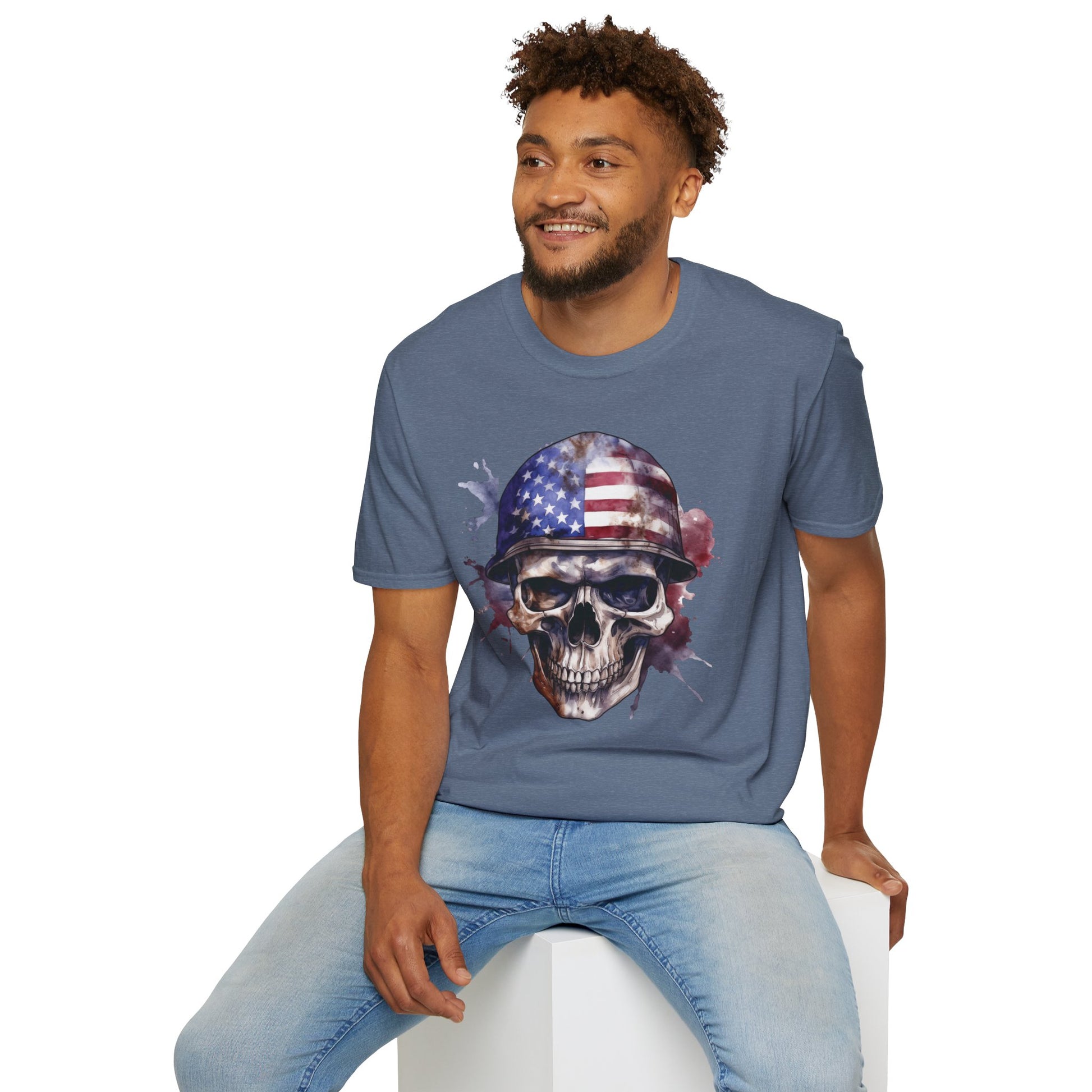 Patriotic Skull in Helmet - Unisex Softstyle T-Shirt - OCDandApparel