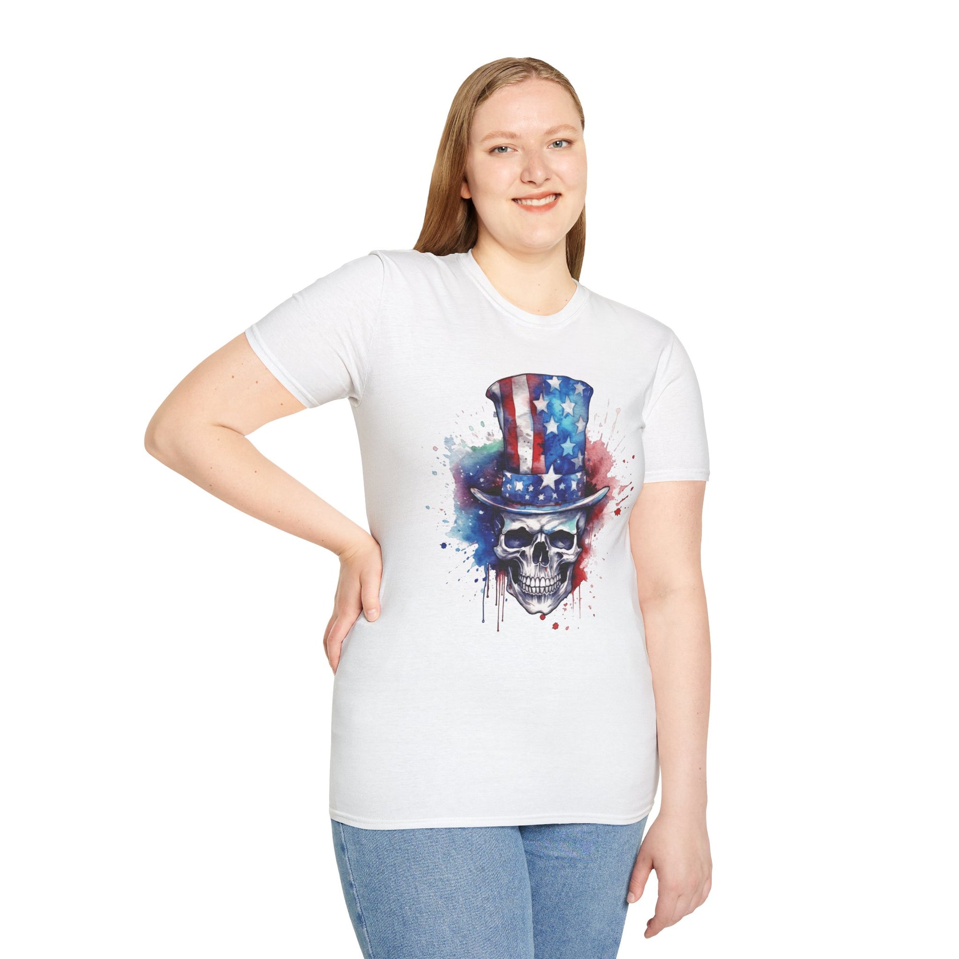 Patriotic Skull Top Hat - Unisex Softstyle T-Shirt - OCDandApparel
