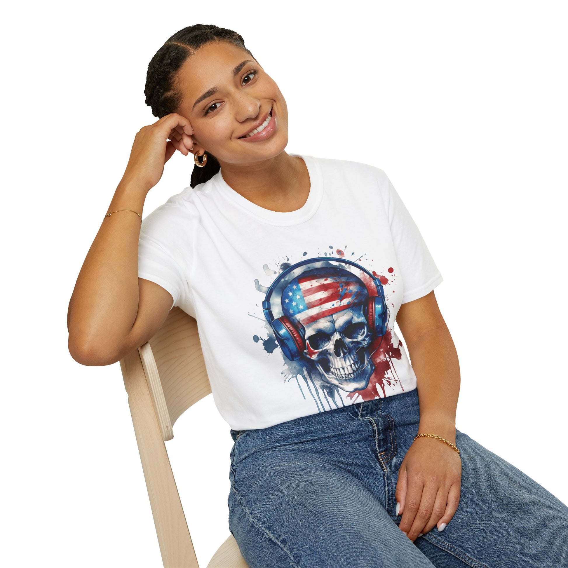 Patriotic Skull Headphones - Unisex Softstyle T-Shirt - OCDandApparel