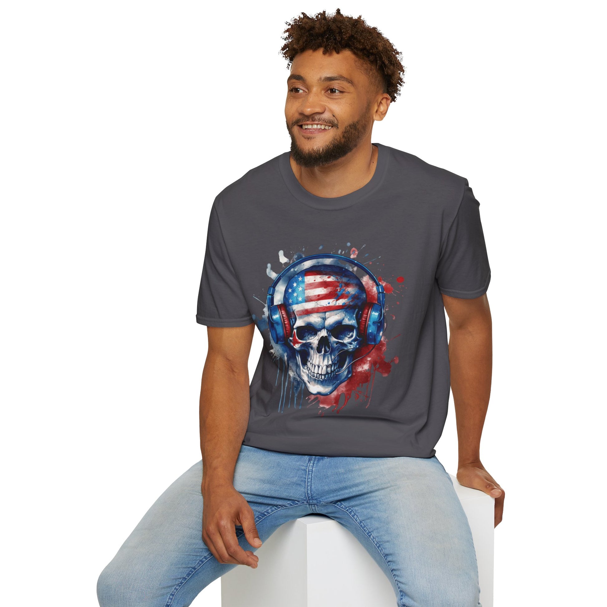Patriotic Skull Headphones - Unisex Softstyle T-Shirt - OCDandApparel