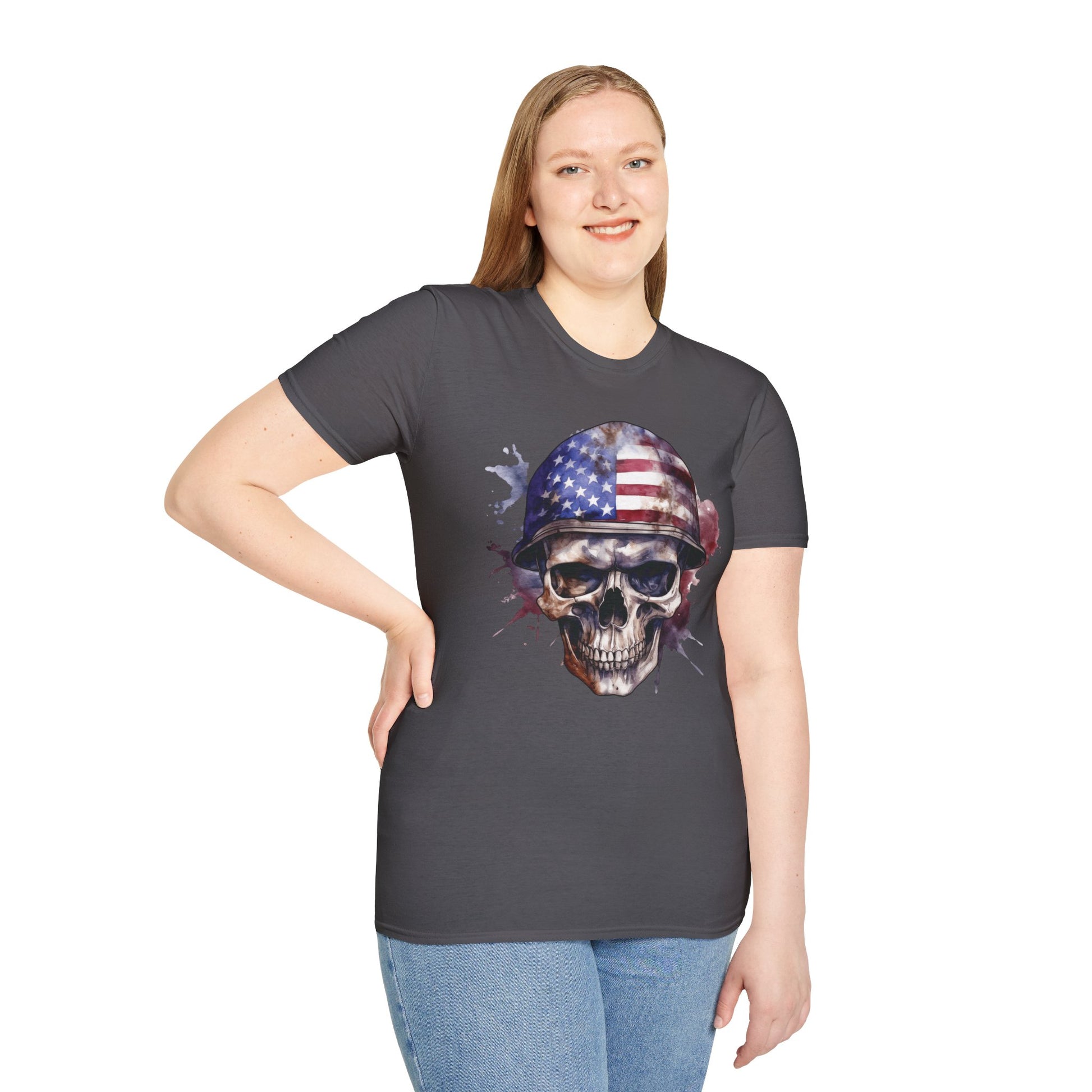 Patriotic Skull in Helmet - Unisex Softstyle T-Shirt - OCDandApparel