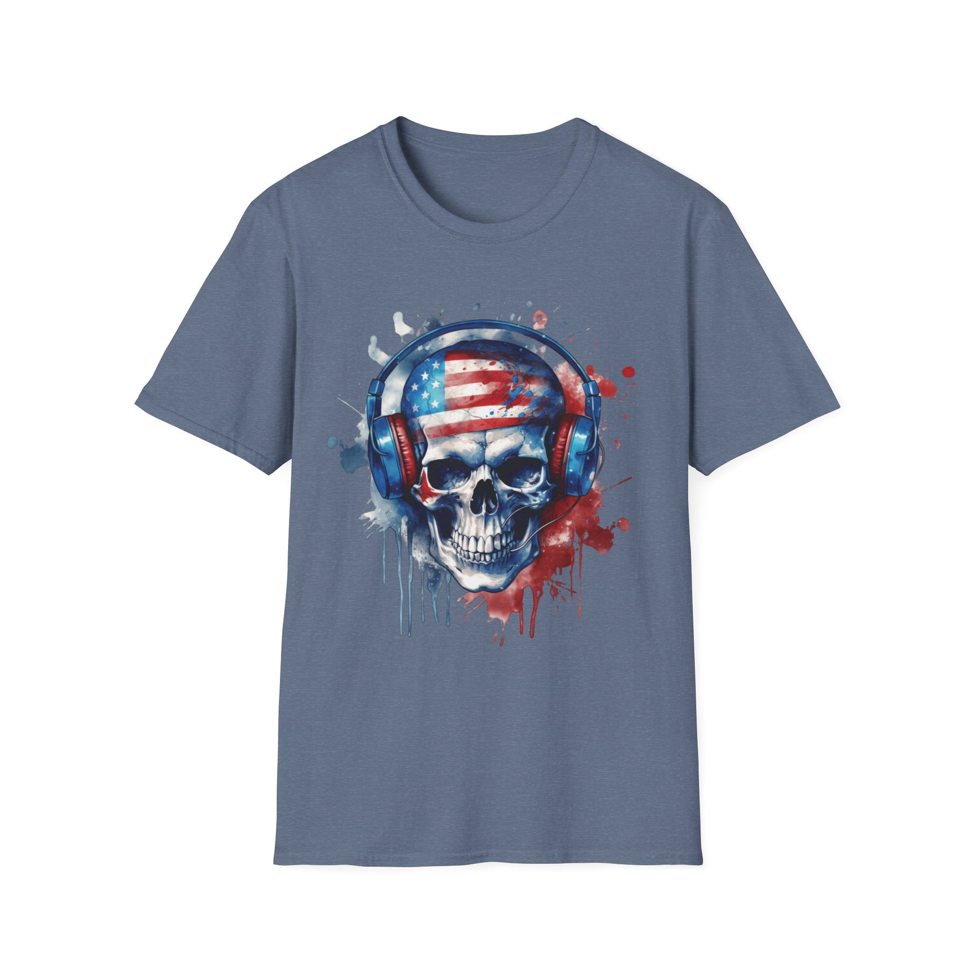 Patriotic Skull Headphones - Unisex Softstyle T-Shirt - OCDandApparel
