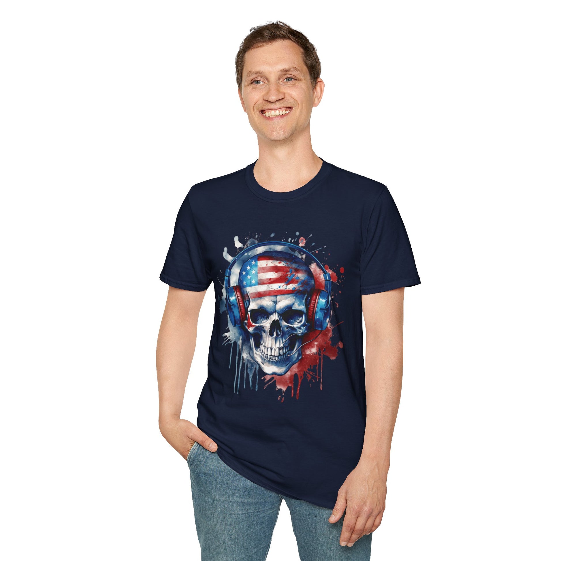 Patriotic Skull Headphones - Unisex Softstyle T-Shirt - OCDandApparel