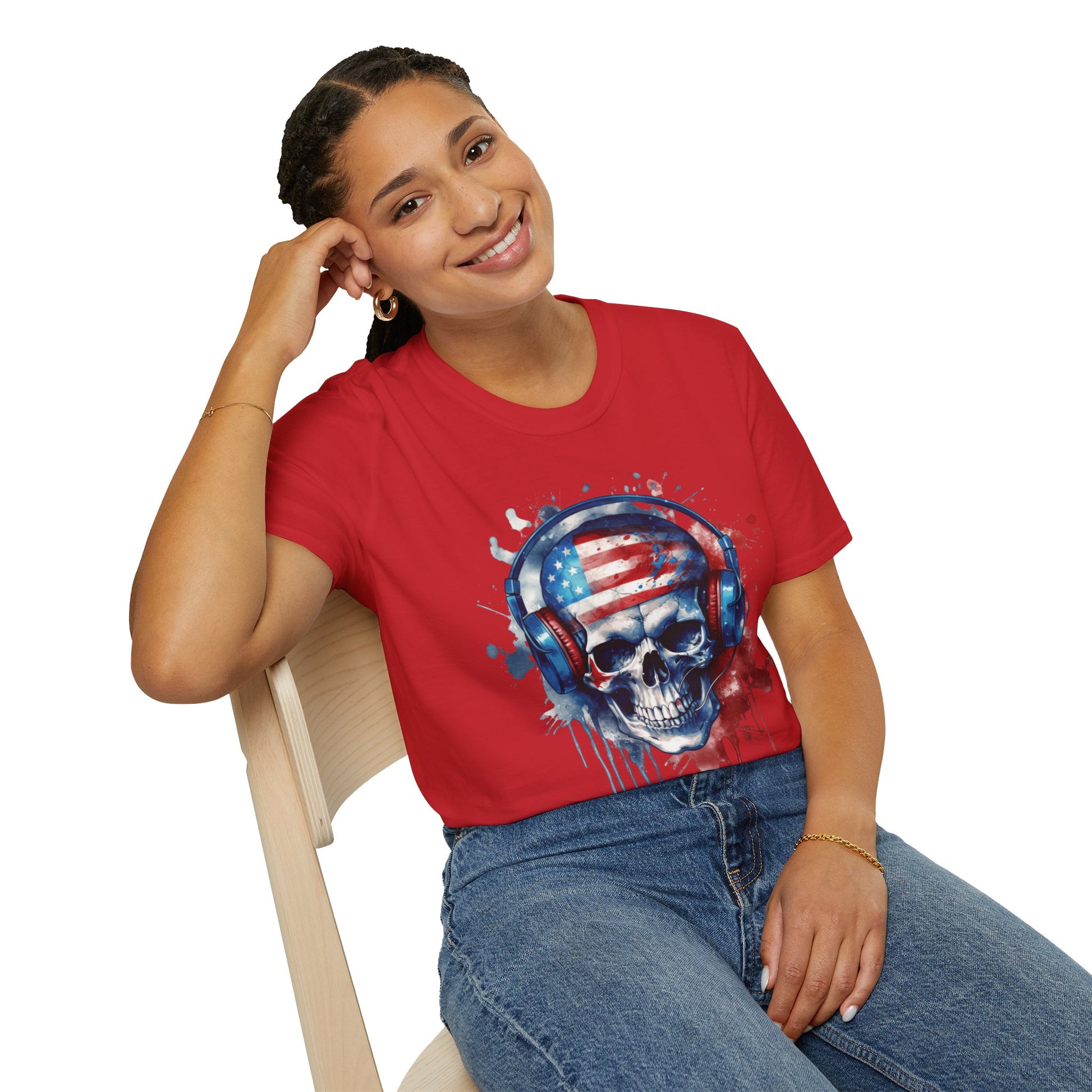 Patriotic Skull Headphones - Unisex Softstyle T-Shirt - OCDandApparel