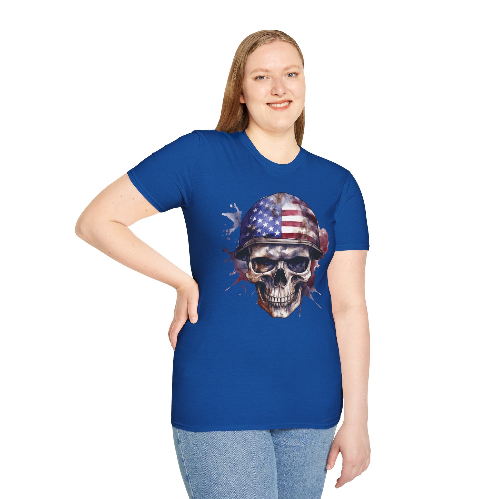 Patriotic Skull in Helmet - Unisex Softstyle T-Shirt - OCDandApparel