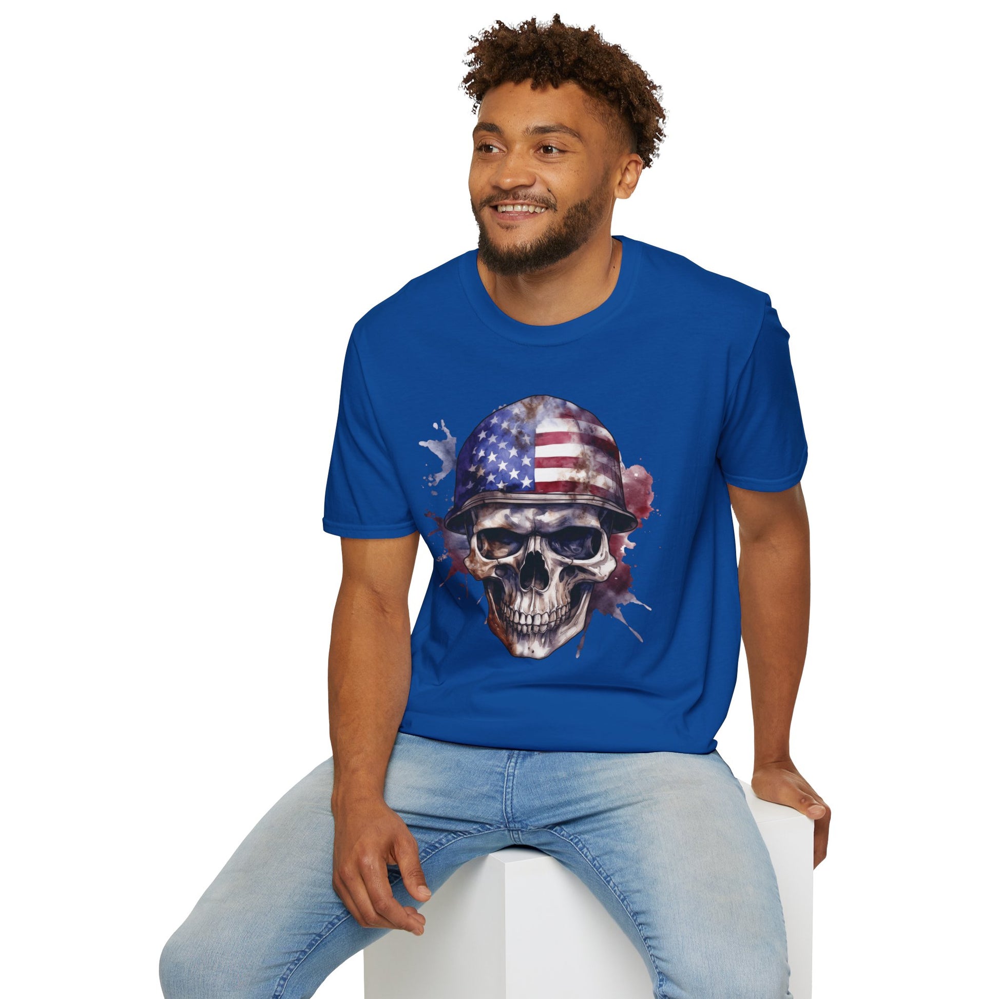 Patriotic Skull in Helmet - Unisex Softstyle T-Shirt - OCDandApparel