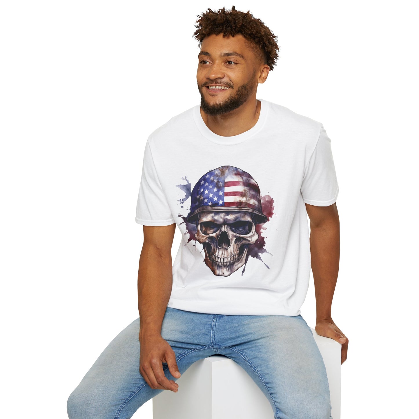 Patriotic Skull in Helmet - Unisex Softstyle T-Shirt - OCDandApparel