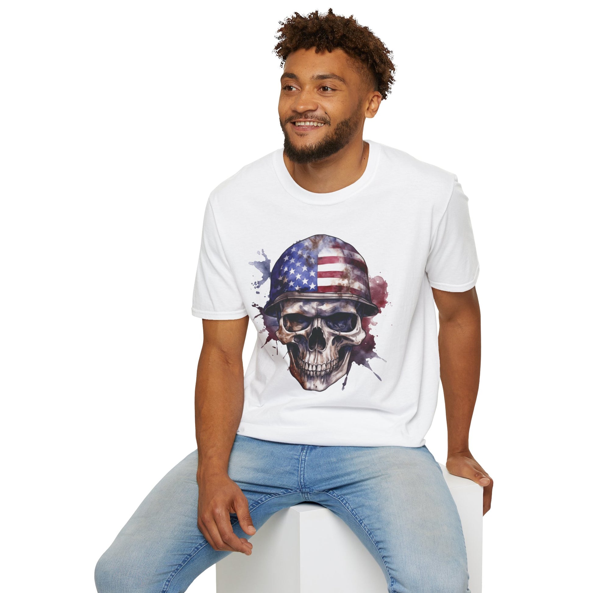 Patriotic Skull in Helmet - Unisex Softstyle T-Shirt - OCDandApparel