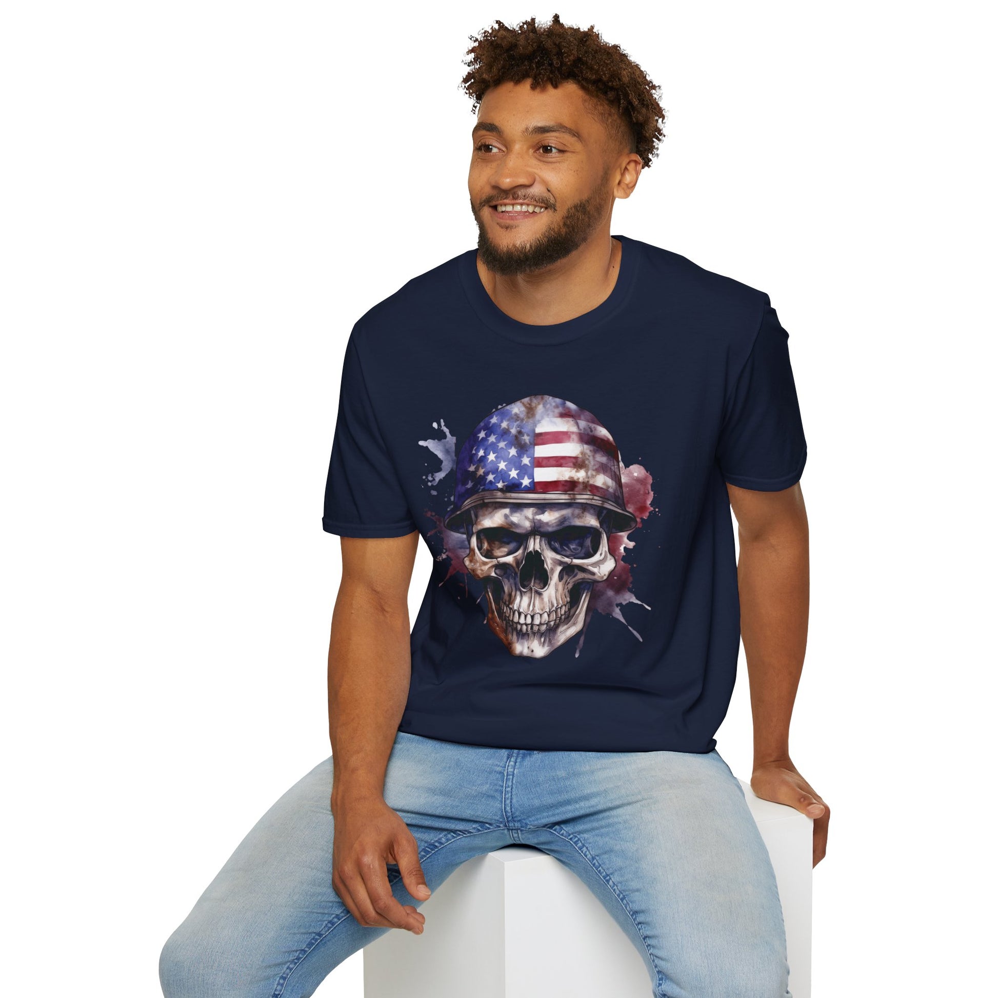 Patriotic Skull in Helmet - Unisex Softstyle T-Shirt - OCDandApparel