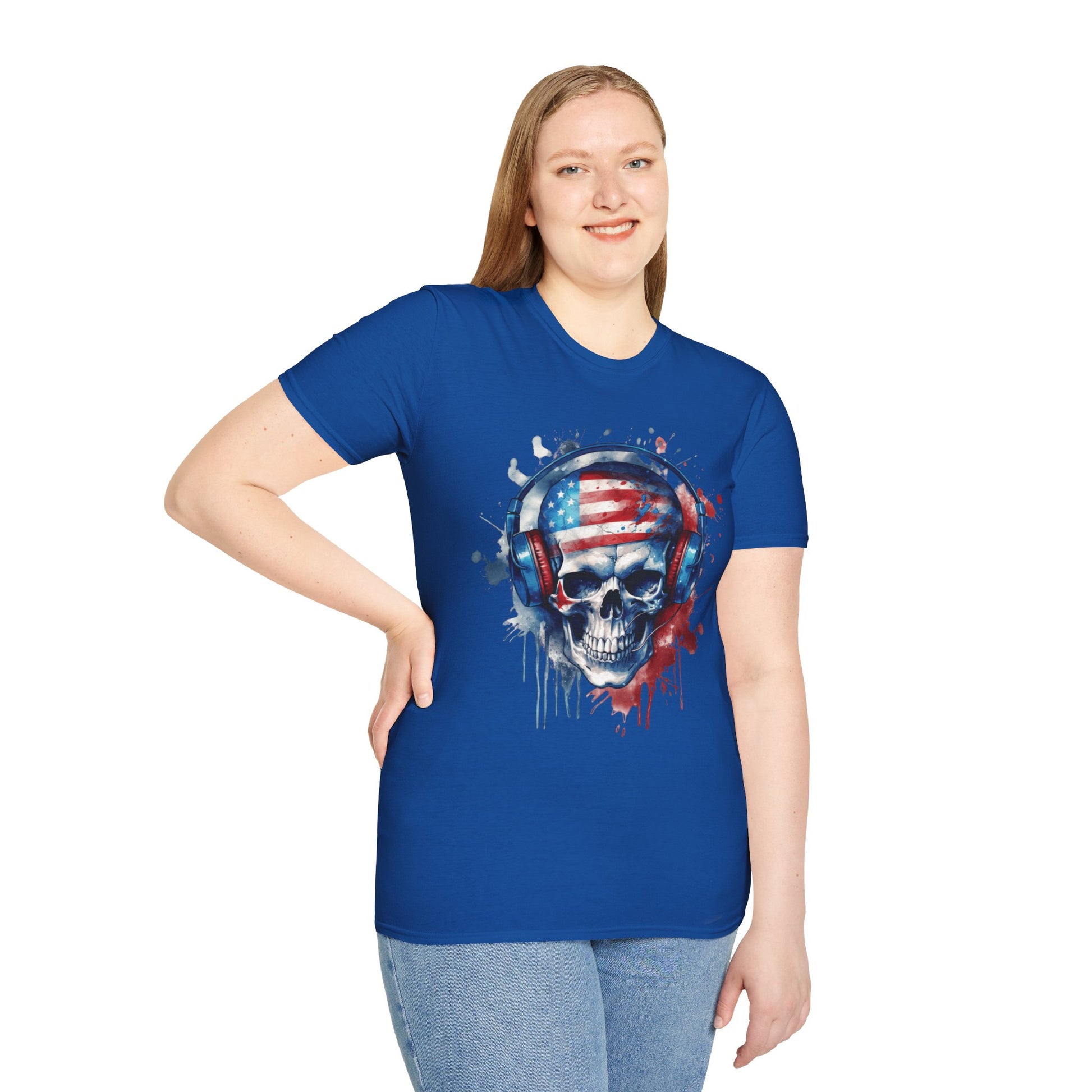 Patriotic Skull Headphones - Unisex Softstyle T-Shirt - OCDandApparel