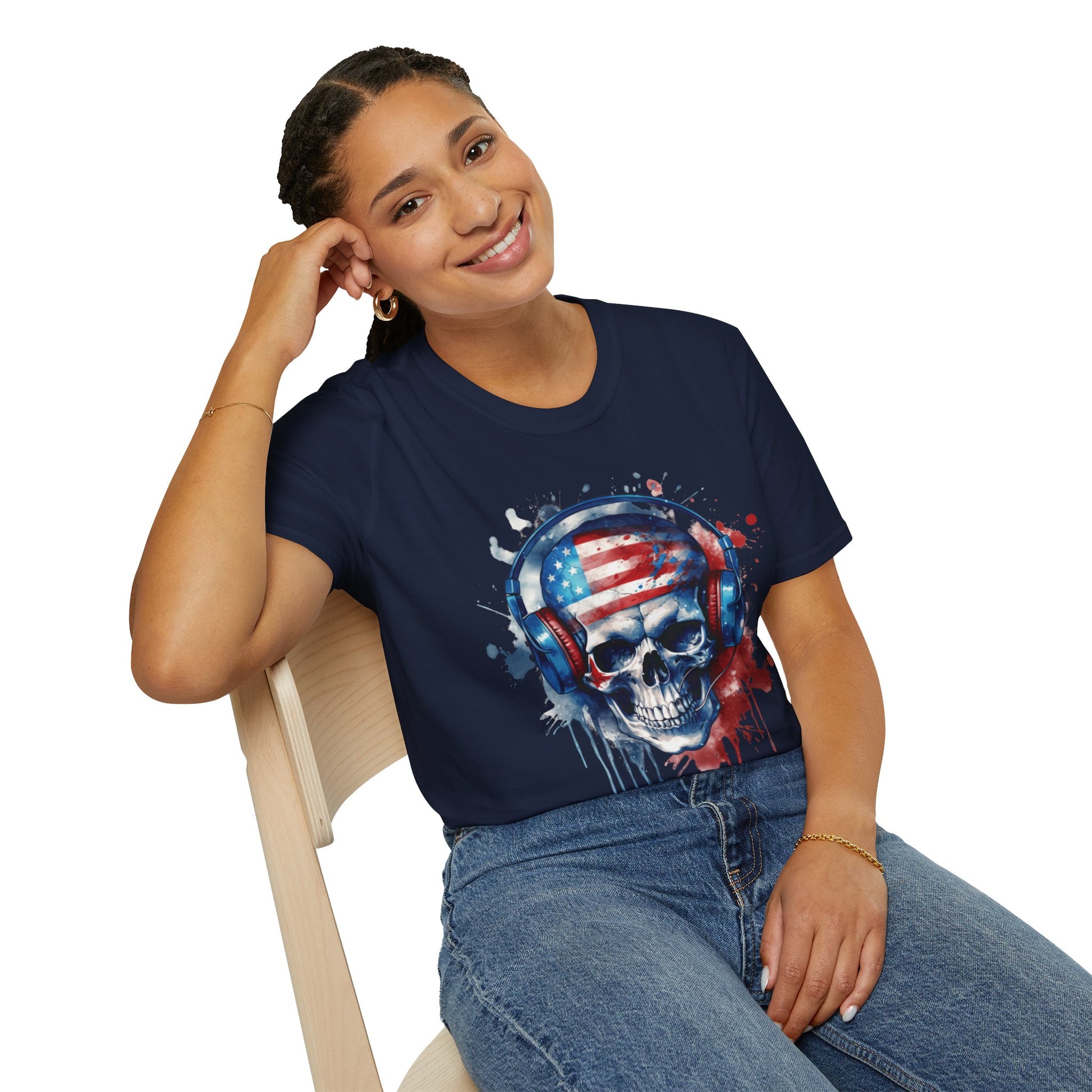 Patriotic Skull Headphones - Unisex Softstyle T-Shirt - OCDandApparel