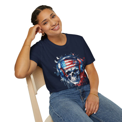 Patriotic Skull Headphones - Unisex Softstyle T-Shirt - OCDandApparel