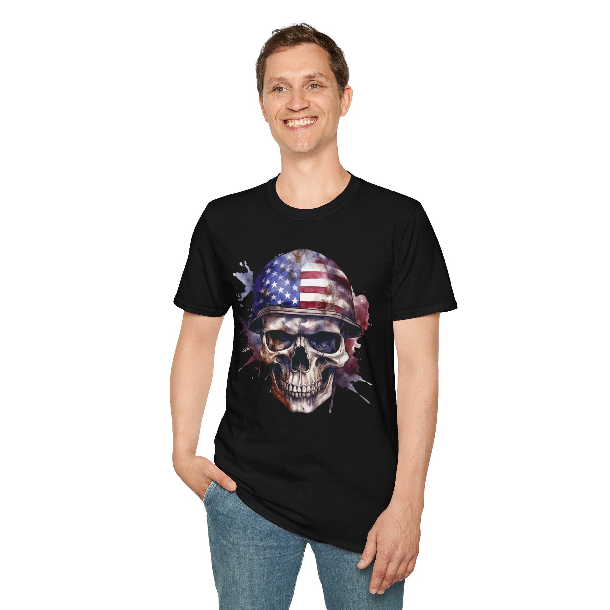 Patriotic Skull in Helmet - Unisex Softstyle T-Shirt - OCDandApparel
