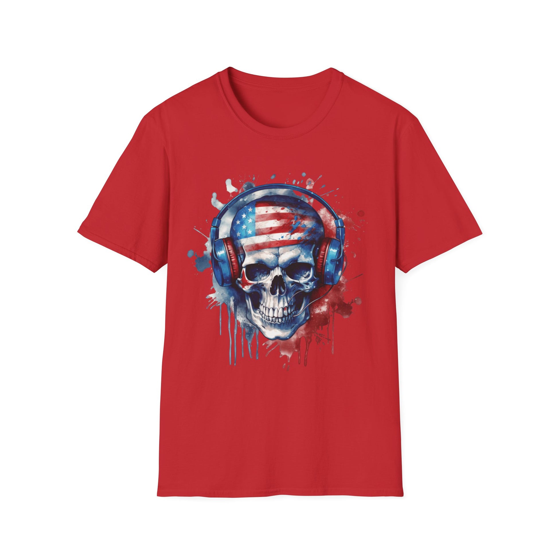 Patriotic Skull Headphones - Unisex Softstyle T-Shirt - OCDandApparel