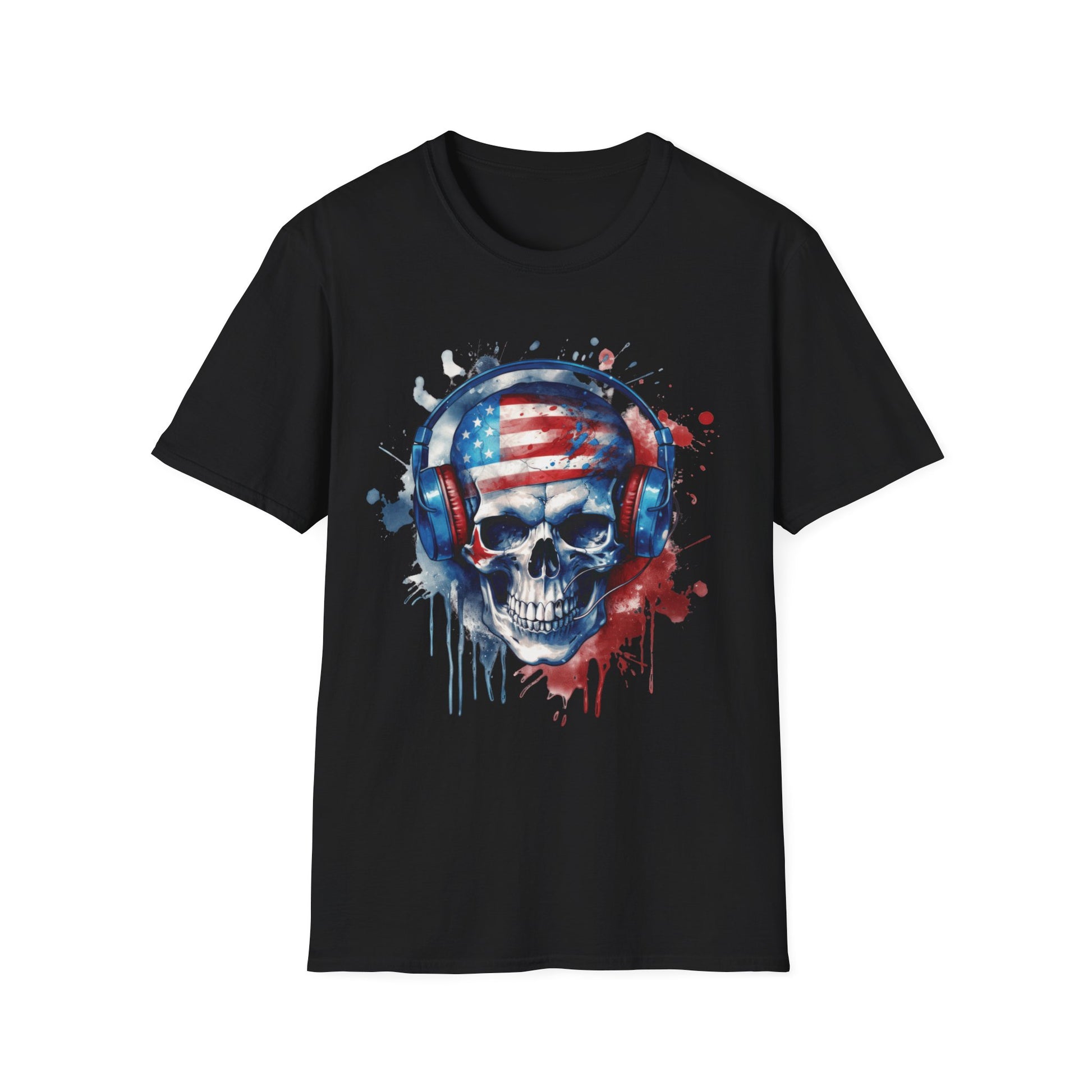 Patriotic Skull Headphones - Unisex Softstyle T-Shirt - OCDandApparel
