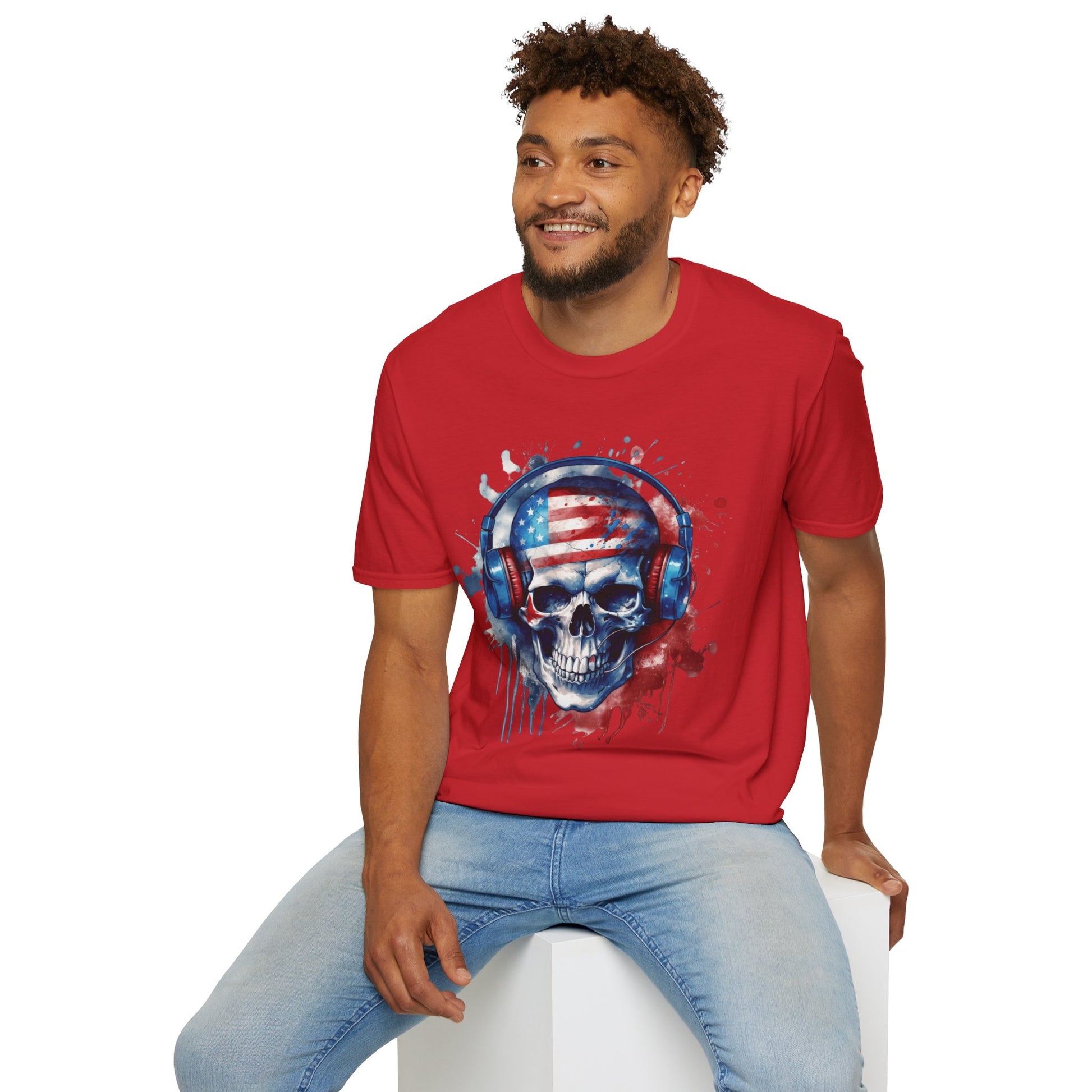Patriotic Skull Headphones - Unisex Softstyle T-Shirt - OCDandApparel