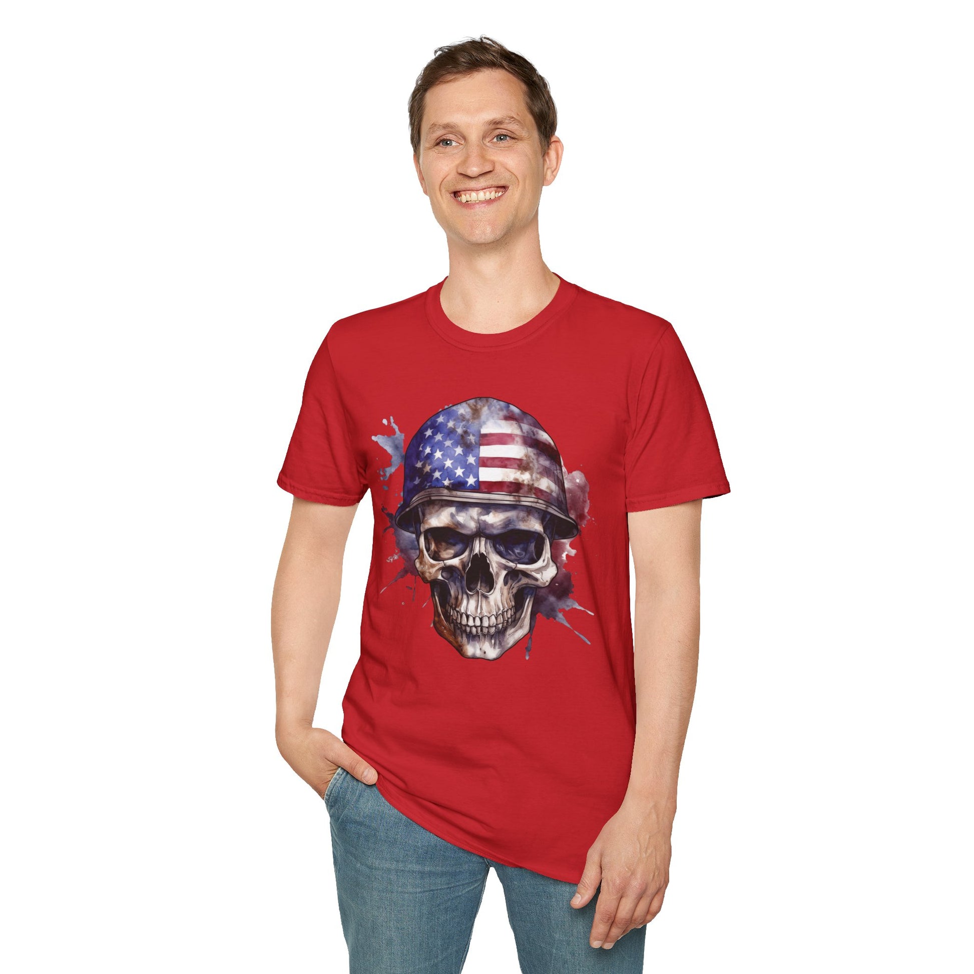 Patriotic Skull in Helmet - Unisex Softstyle T-Shirt - OCDandApparel