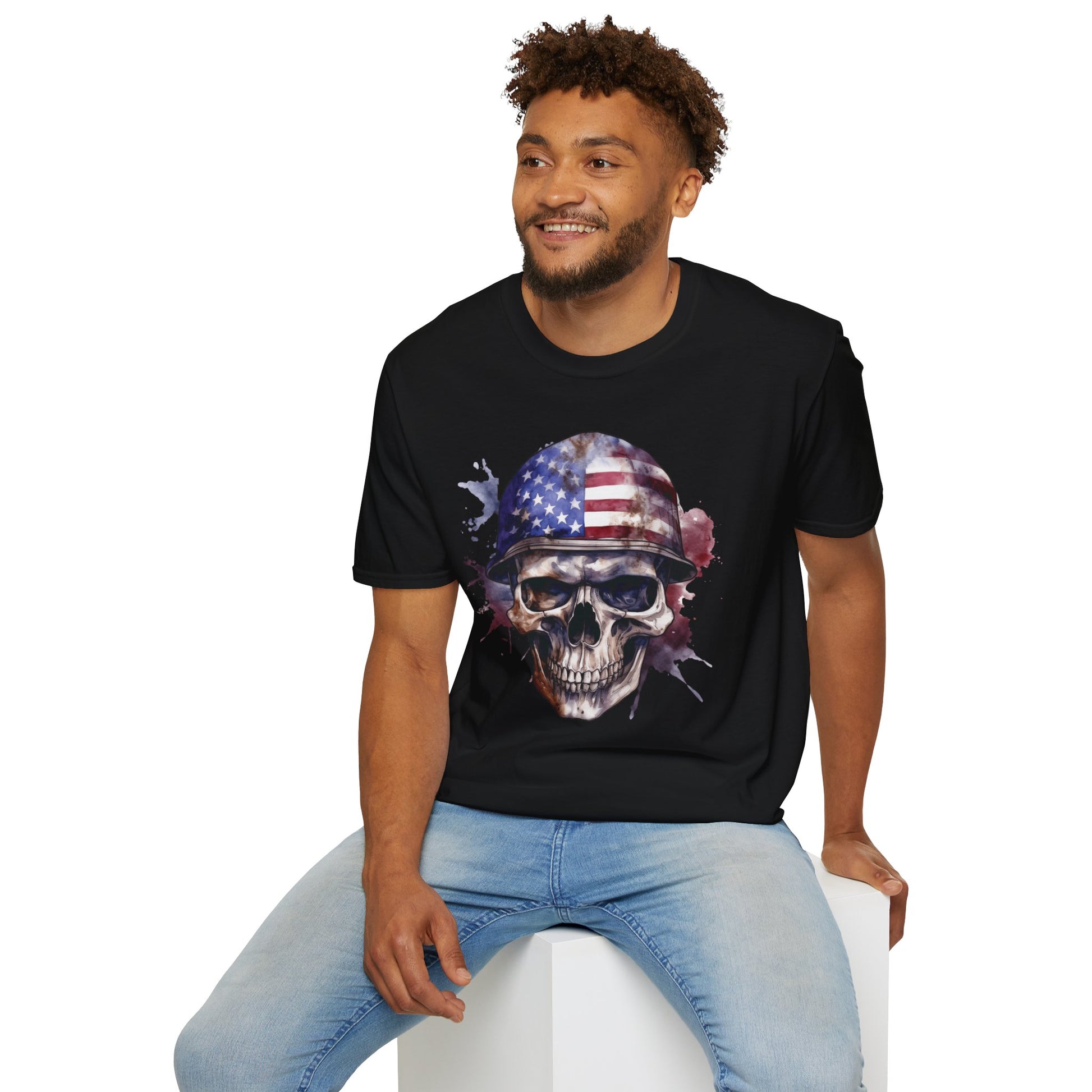 Patriotic Skull in Helmet - Unisex Softstyle T-Shirt - OCDandApparel