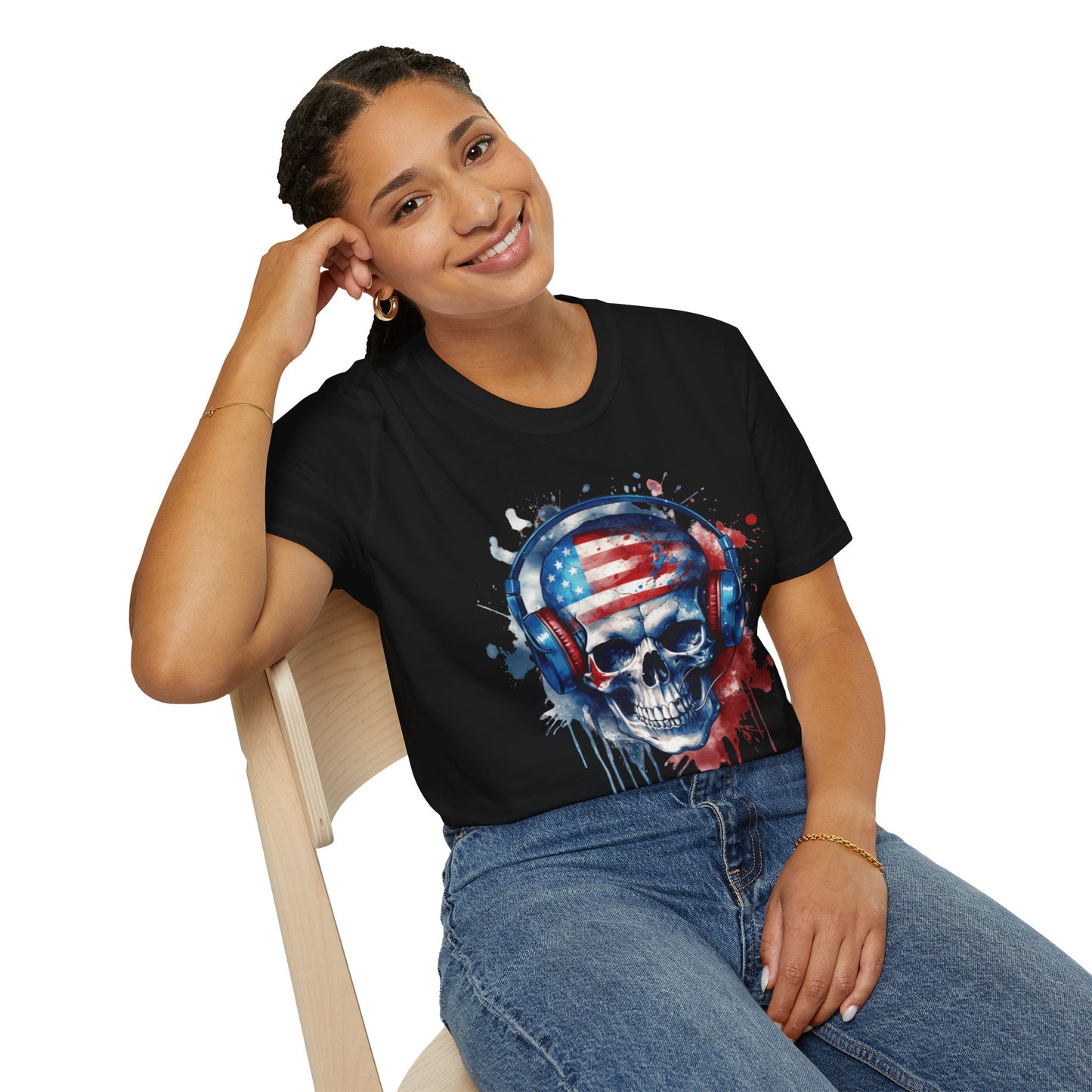 Patriotic Skull Headphones - Unisex Softstyle T-Shirt - OCDandApparel