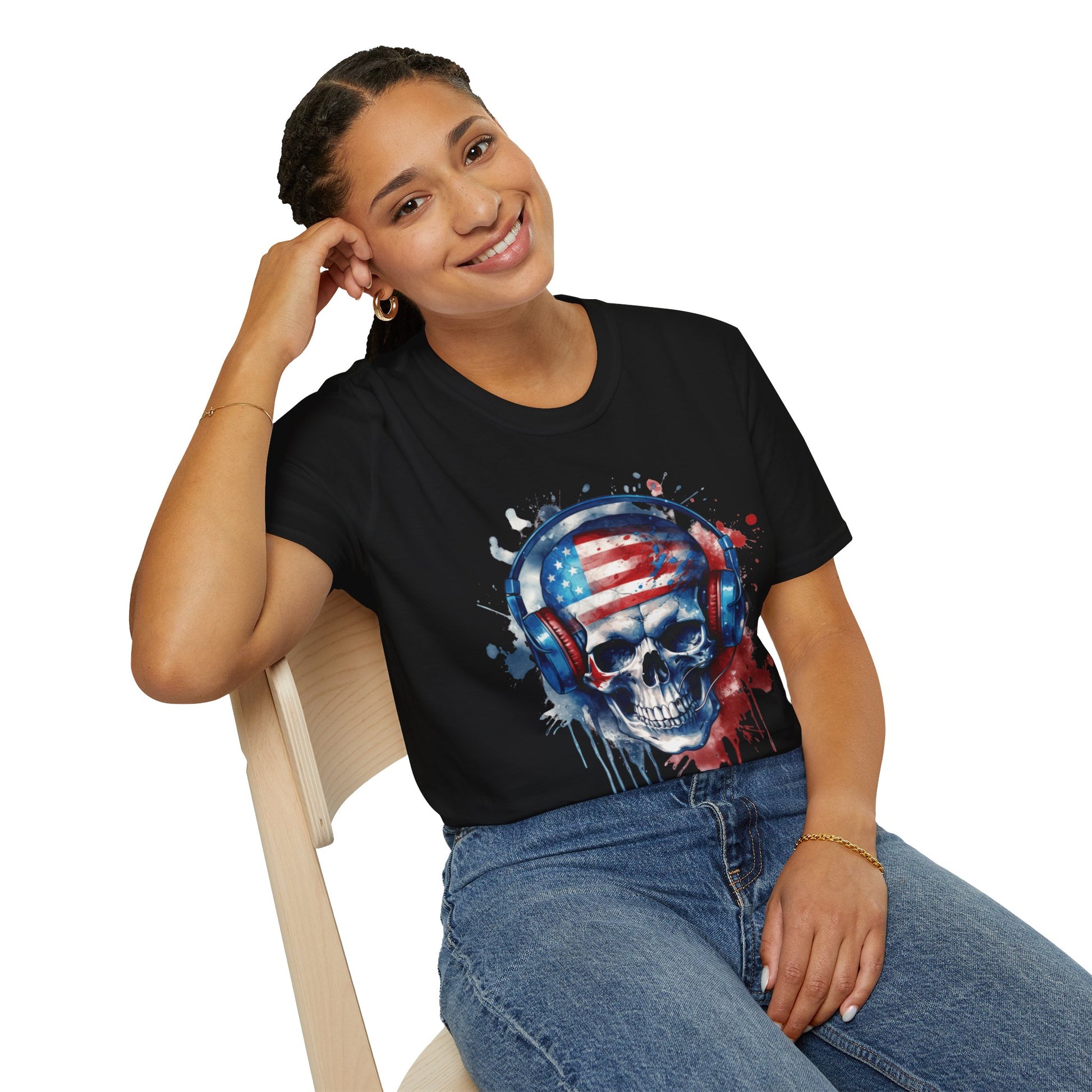 Patriotic Skull Headphones - Unisex Softstyle T-Shirt - OCDandApparel