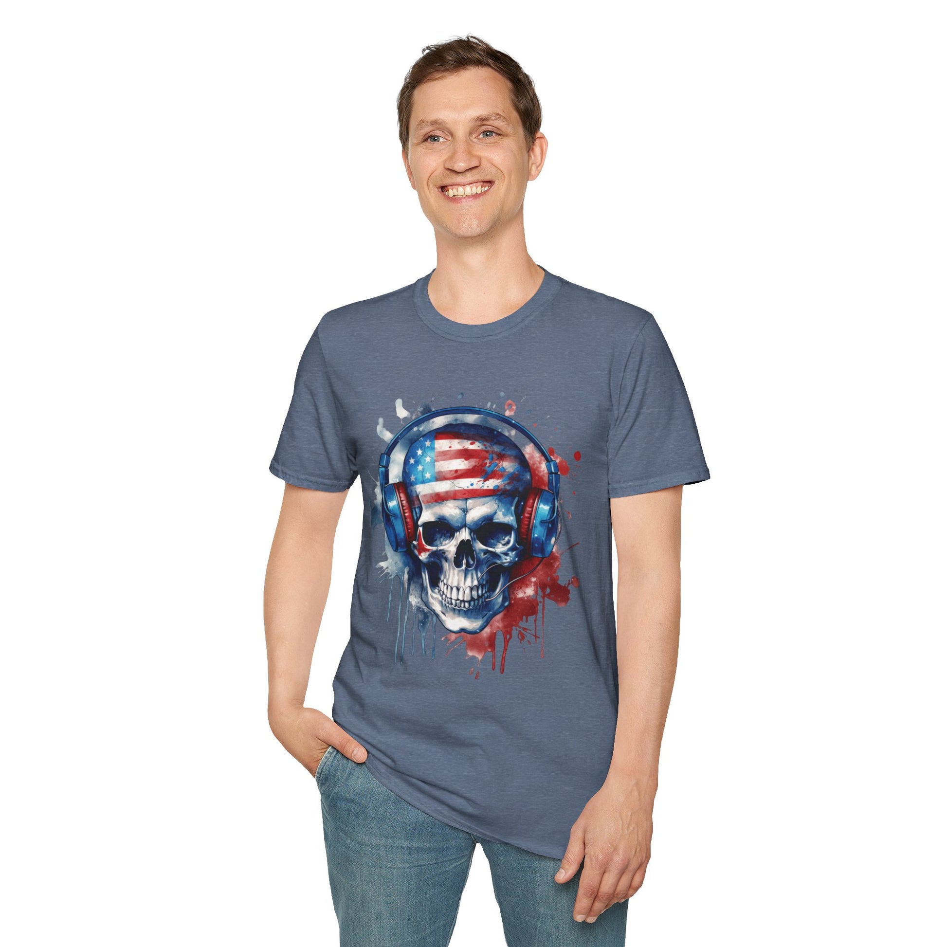 Patriotic Skull Headphones - Unisex Softstyle T-Shirt - OCDandApparel