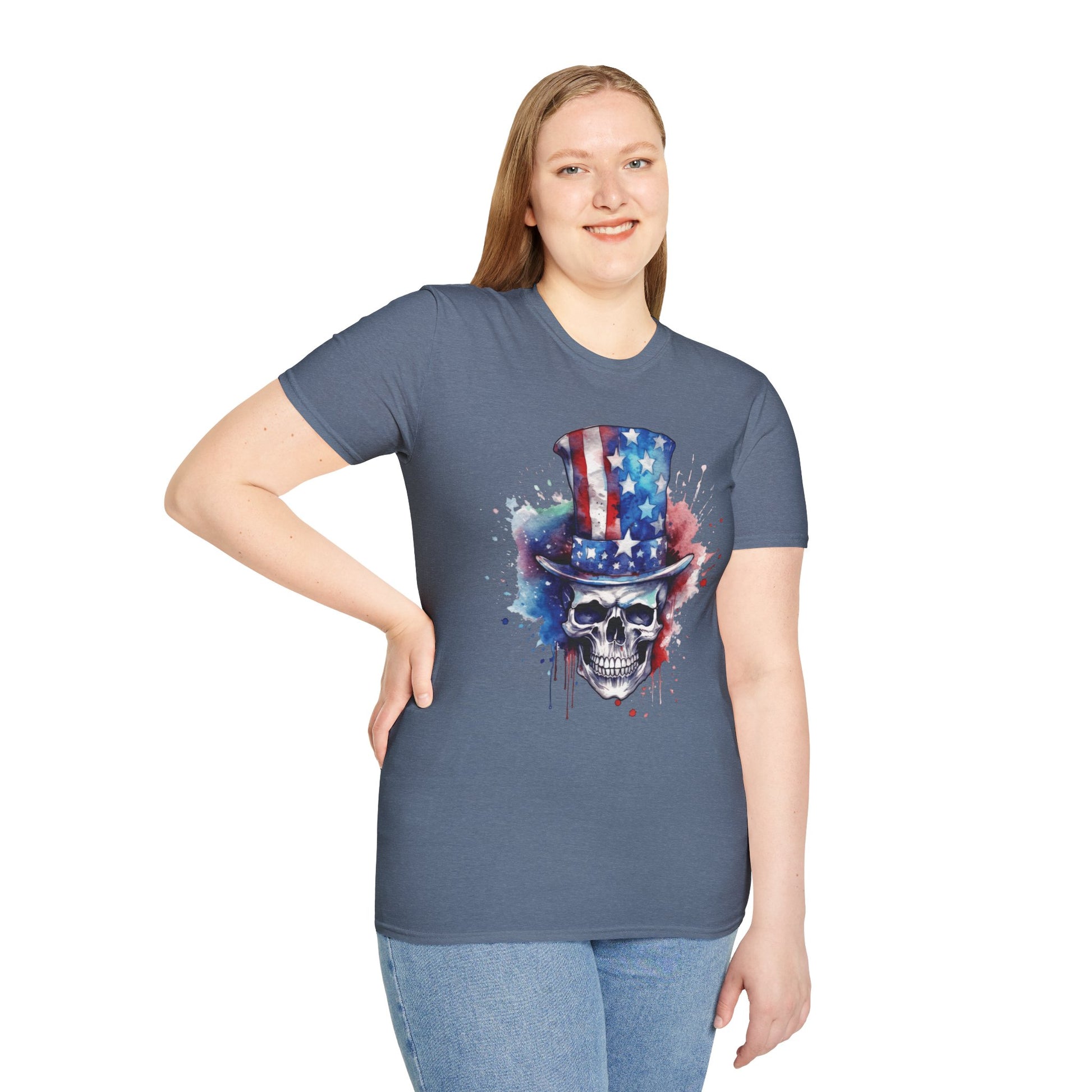 Patriotic Skull Top Hat - Unisex Softstyle T-Shirt - OCDandApparel