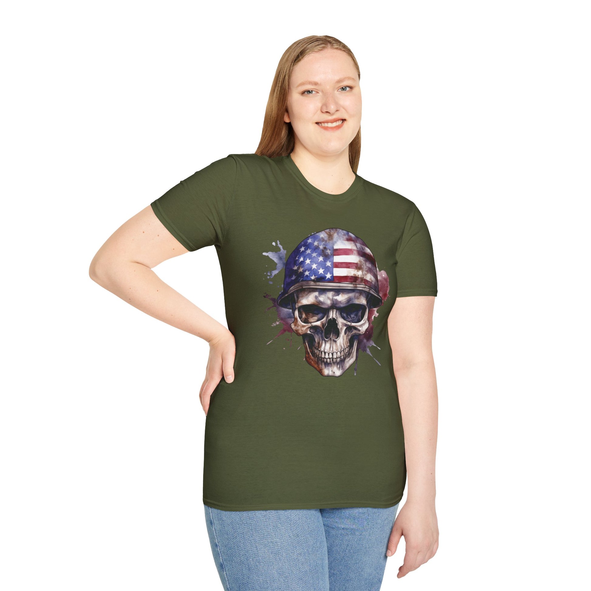 Patriotic Skull in Helmet - Unisex Softstyle T-Shirt - OCDandApparel