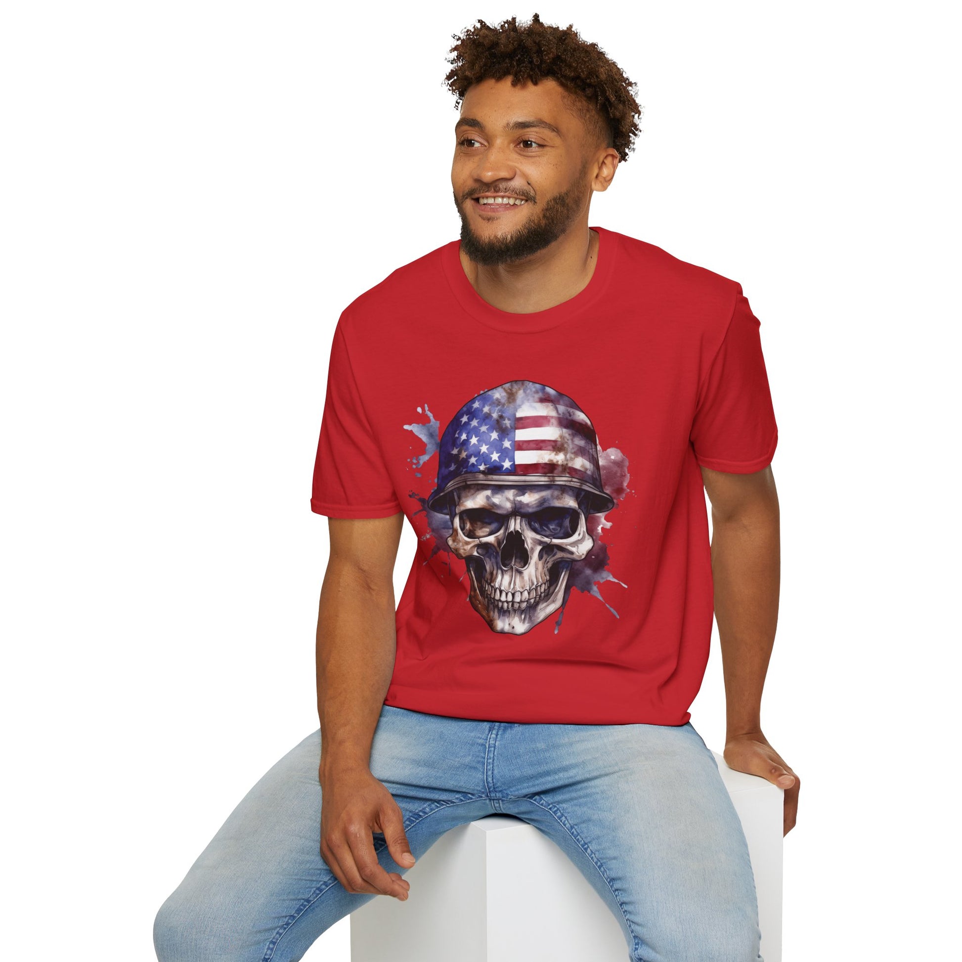 Patriotic Skull in Helmet - Unisex Softstyle T-Shirt - OCDandApparel