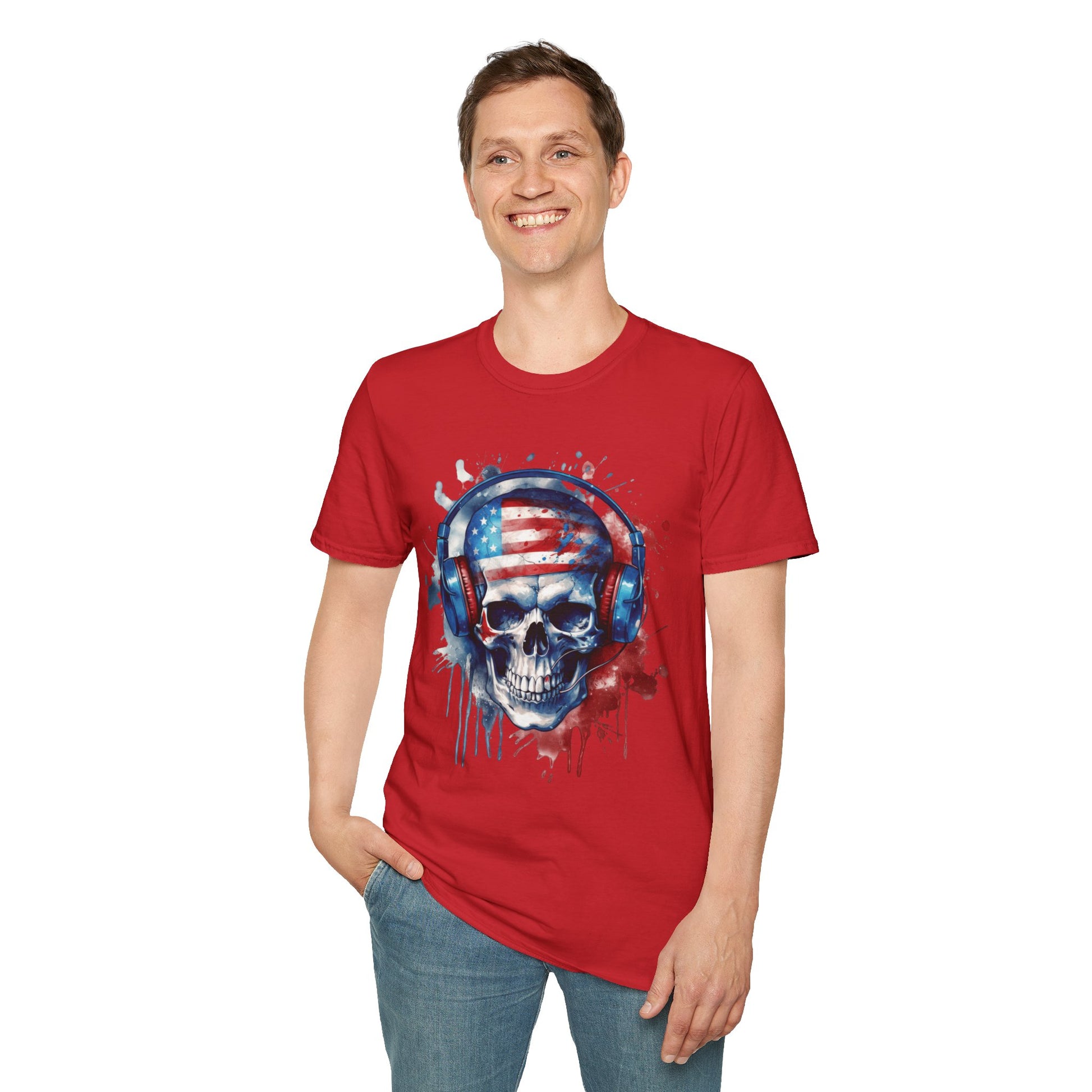 Patriotic Skull Headphones - Unisex Softstyle T-Shirt - OCDandApparel