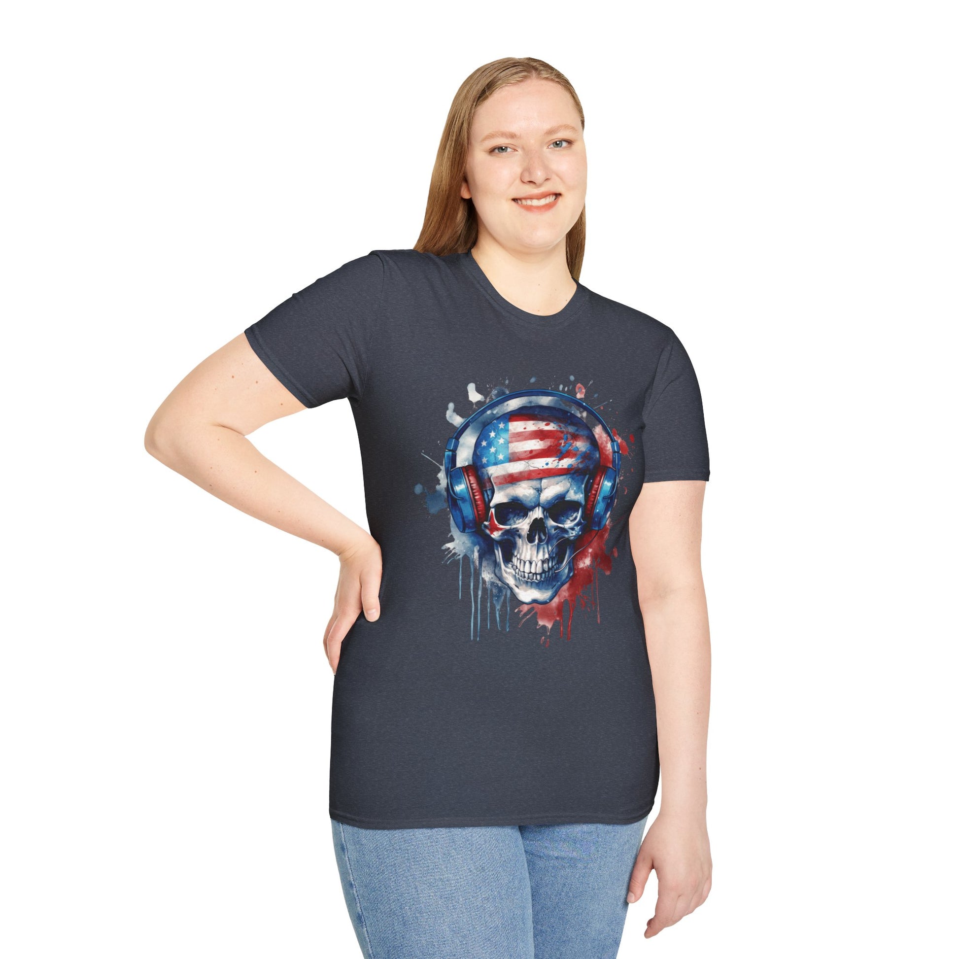 Patriotic Skull Headphones - Unisex Softstyle T-Shirt - OCDandApparel