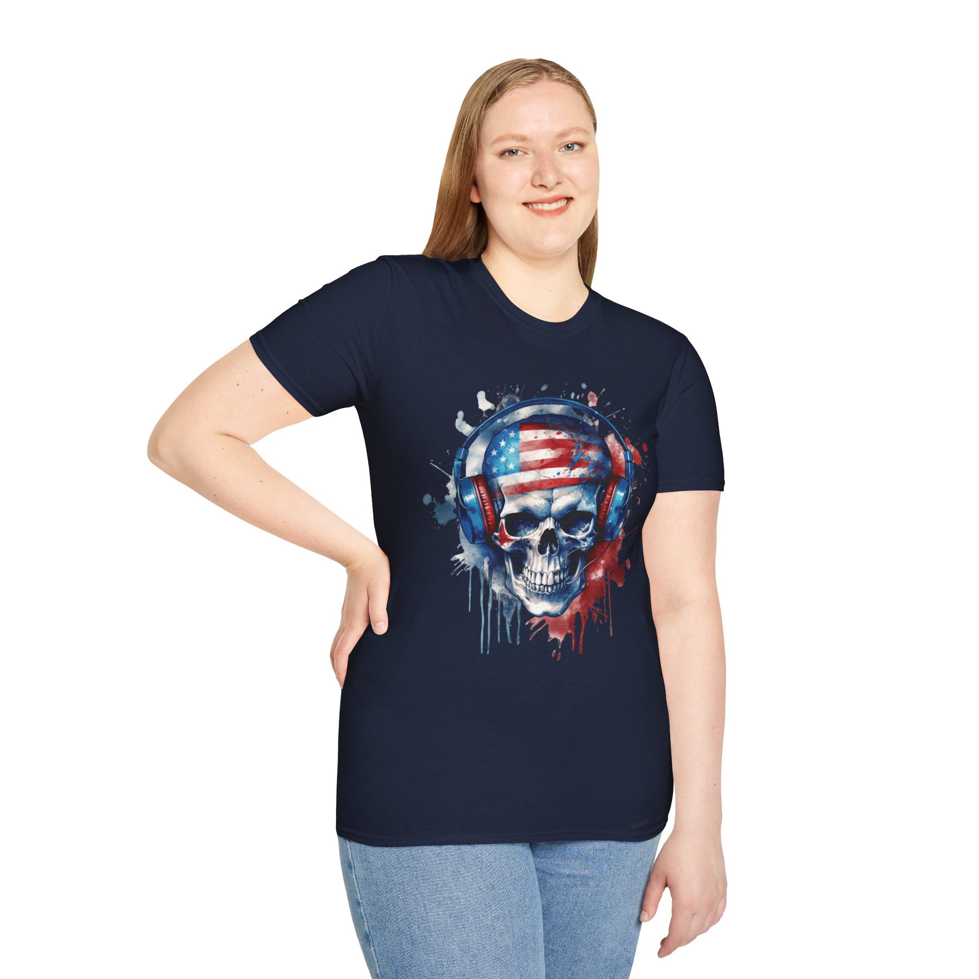Patriotic Skull Headphones - Unisex Softstyle T-Shirt - OCDandApparel