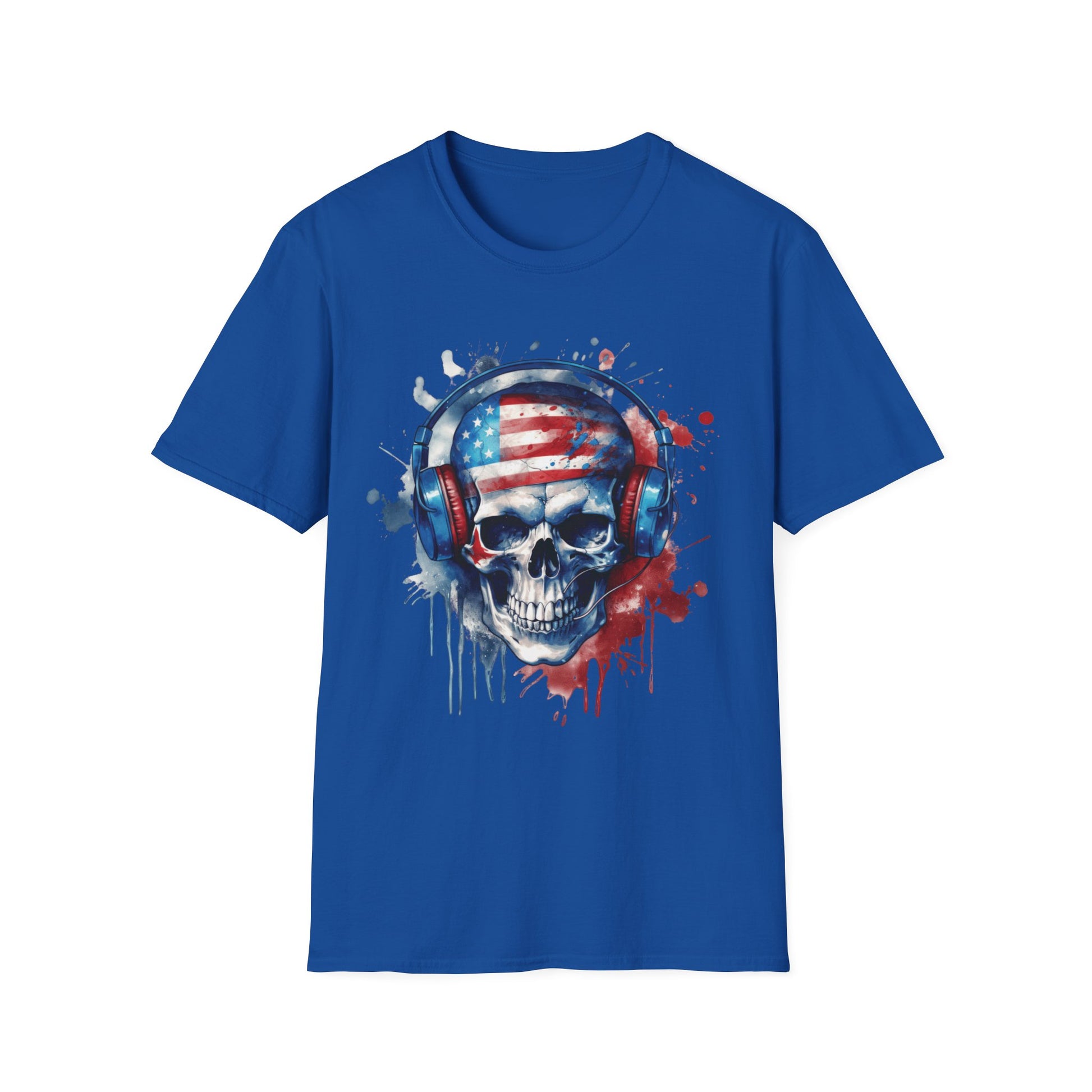 Patriotic Skull Headphones - Unisex Softstyle T-Shirt - OCDandApparel
