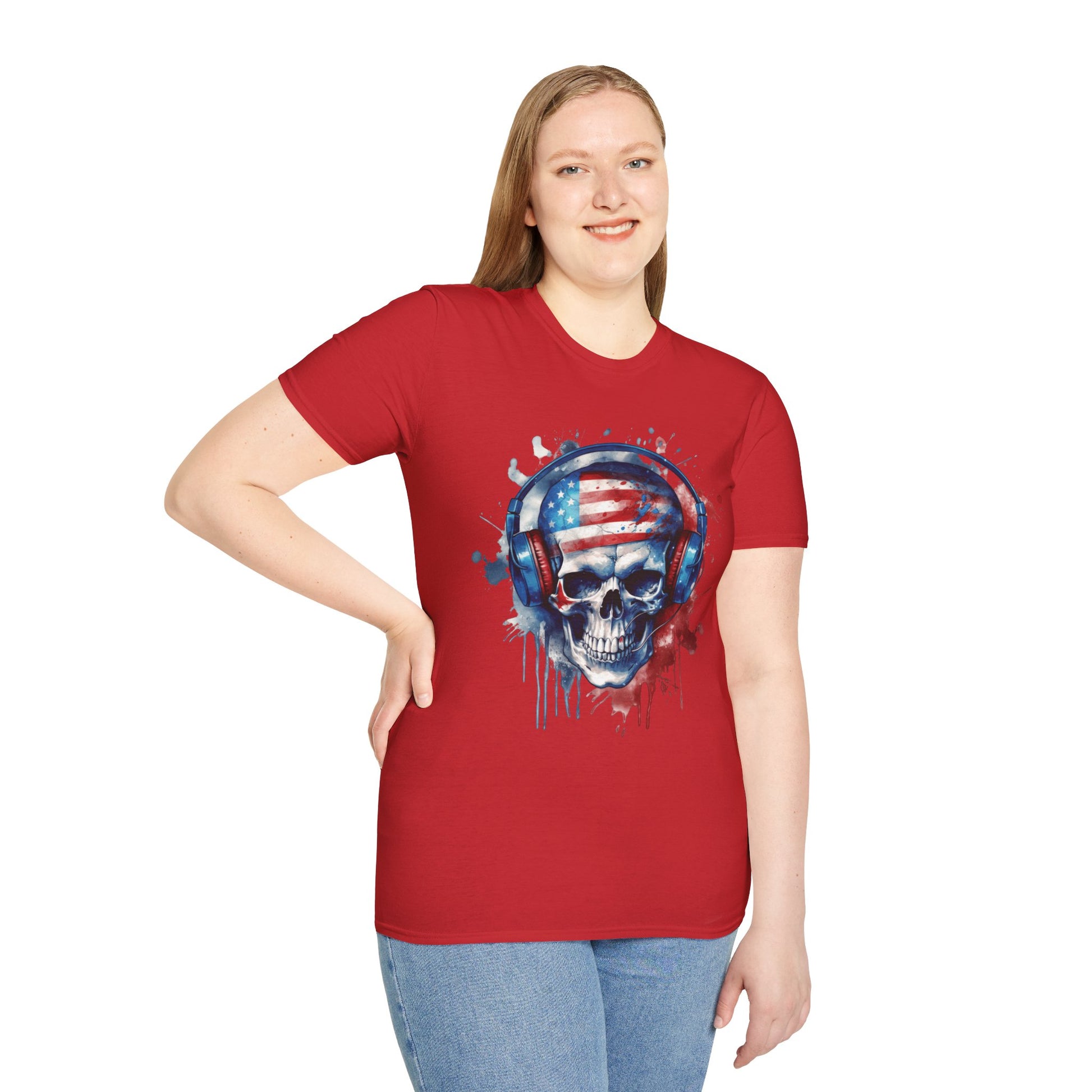 Patriotic Skull Headphones - Unisex Softstyle T-Shirt - OCDandApparel
