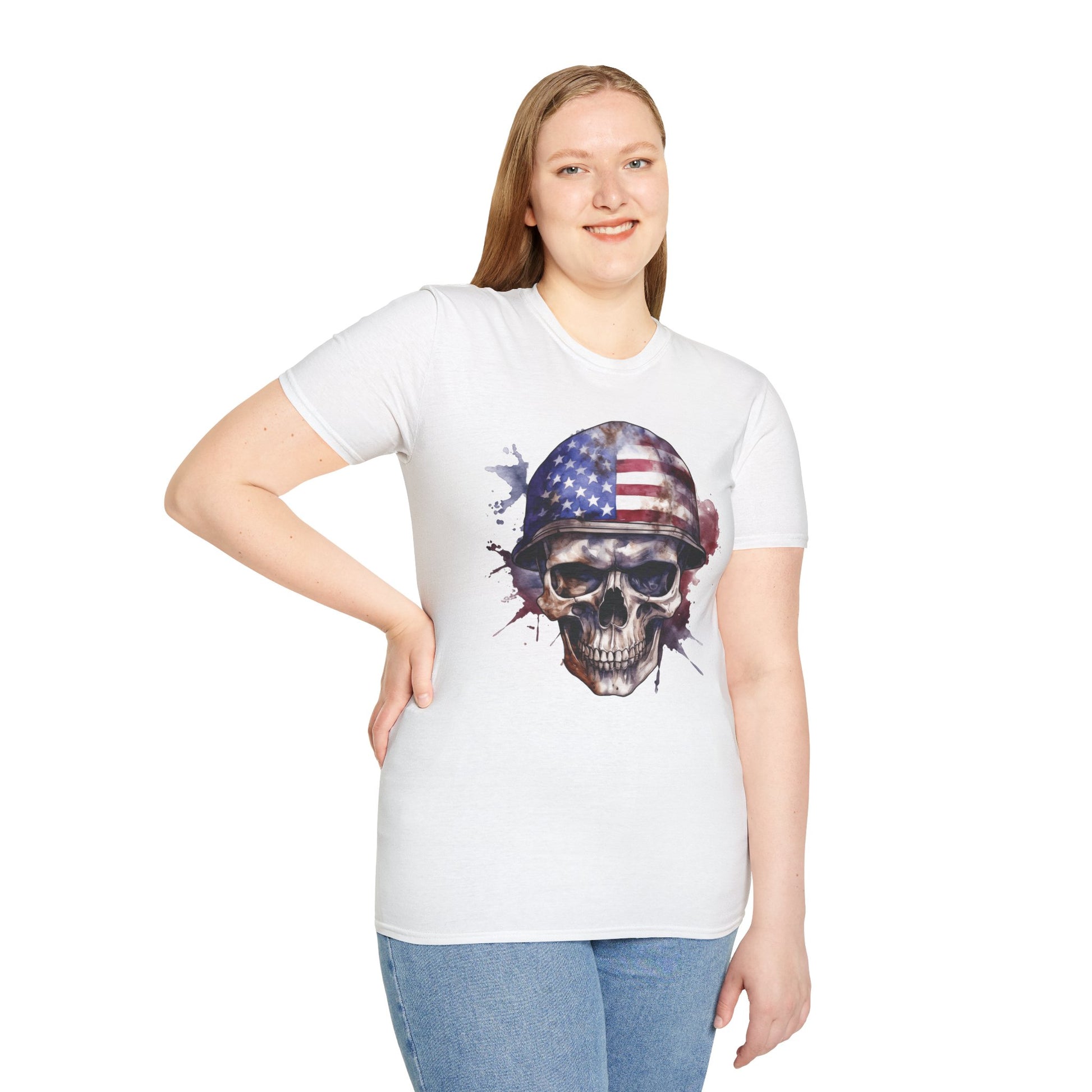 Patriotic Skull in Helmet - Unisex Softstyle T-Shirt - OCDandApparel