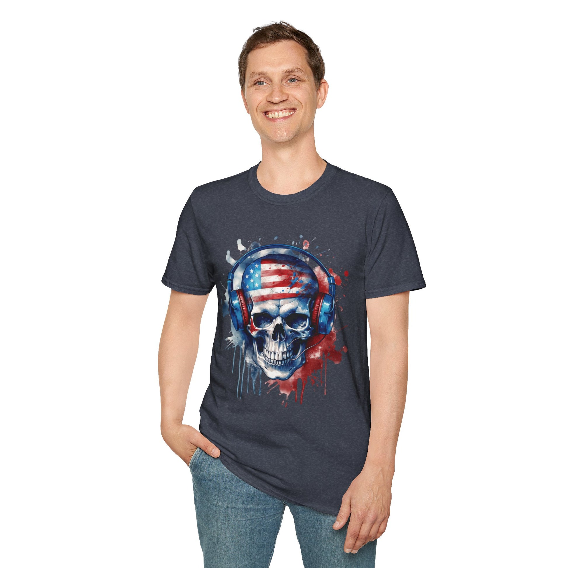 Patriotic Skull Headphones - Unisex Softstyle T-Shirt - OCDandApparel