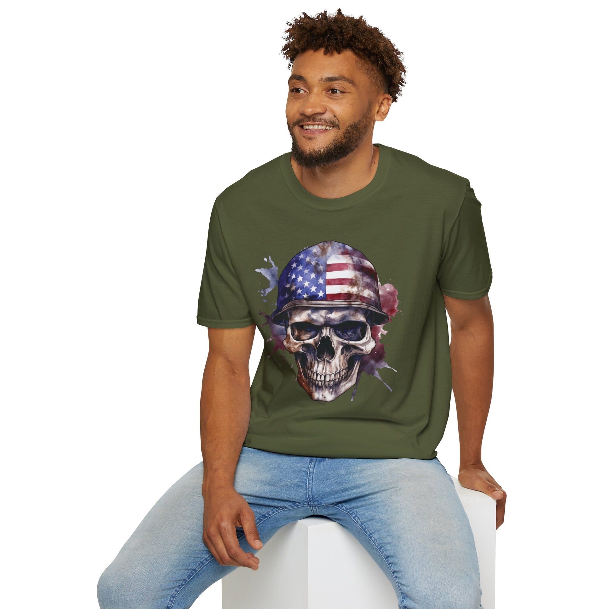 Patriotic Skull in Helmet - Unisex Softstyle T-Shirt - OCDandApparel