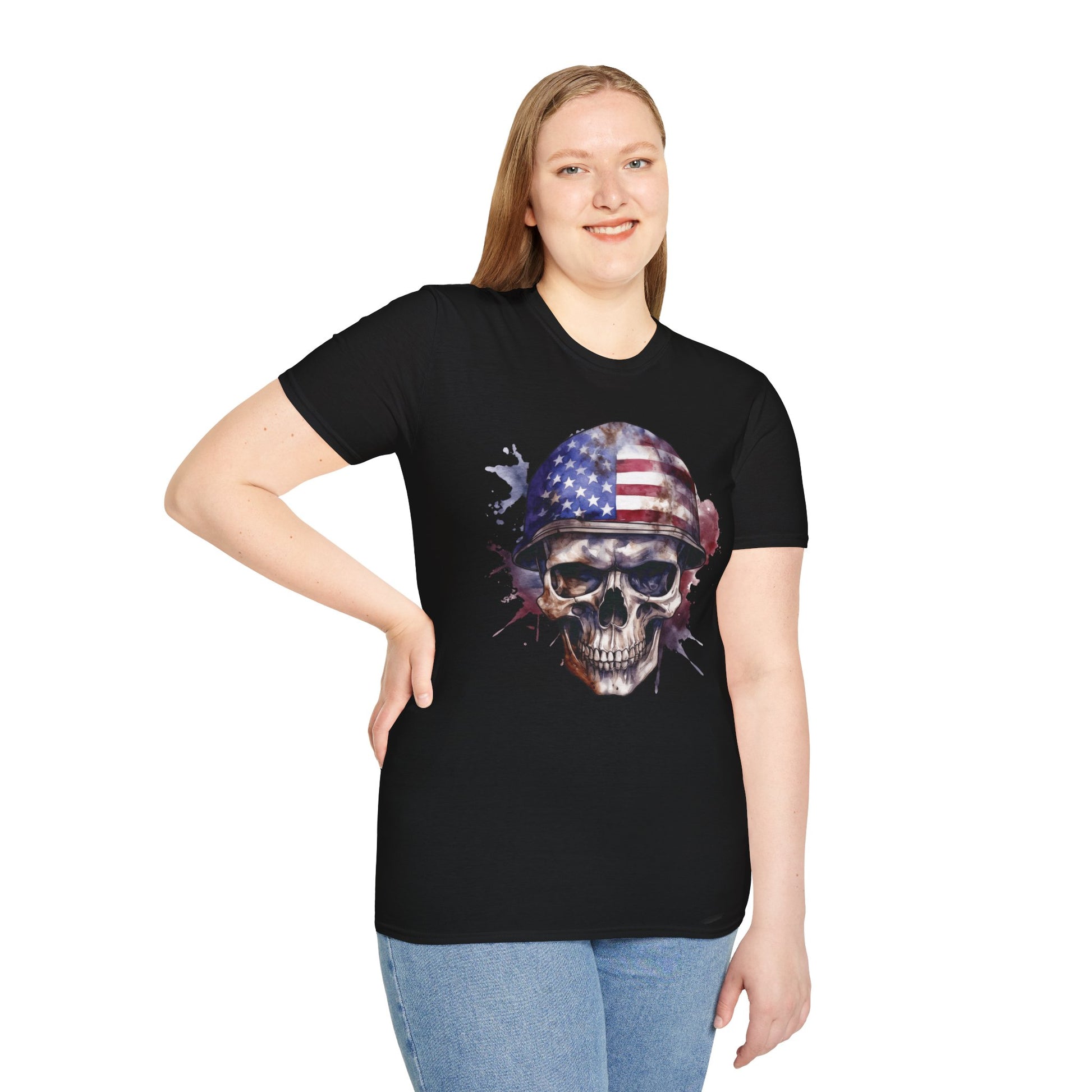 Patriotic Skull in Helmet - Unisex Softstyle T-Shirt - OCDandApparel