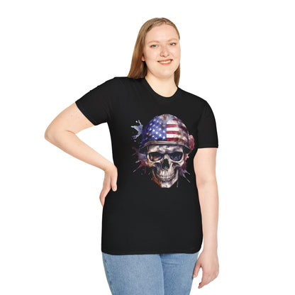 Patriotic Skull in Helmet - Unisex Softstyle T-Shirt - OCDandApparel