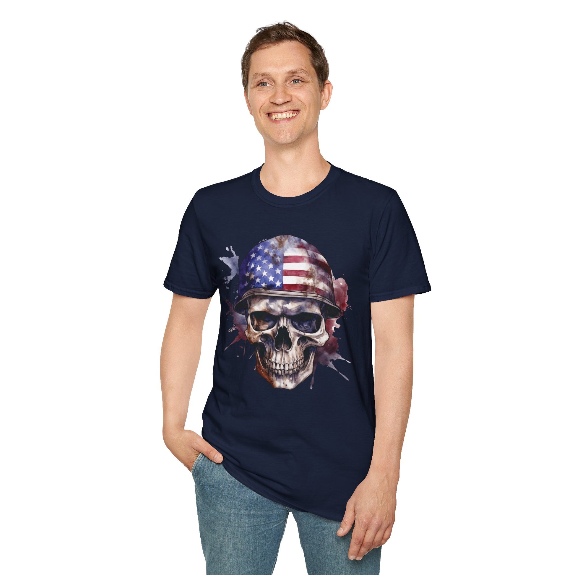 Patriotic Skull in Helmet - Unisex Softstyle T-Shirt - OCDandApparel