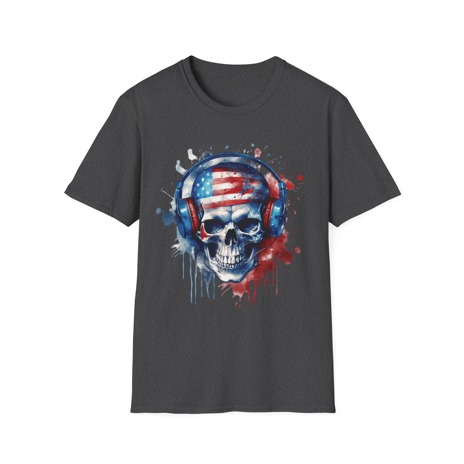 Patriotic Skull Headphones - Unisex Softstyle T-Shirt - OCDandApparel