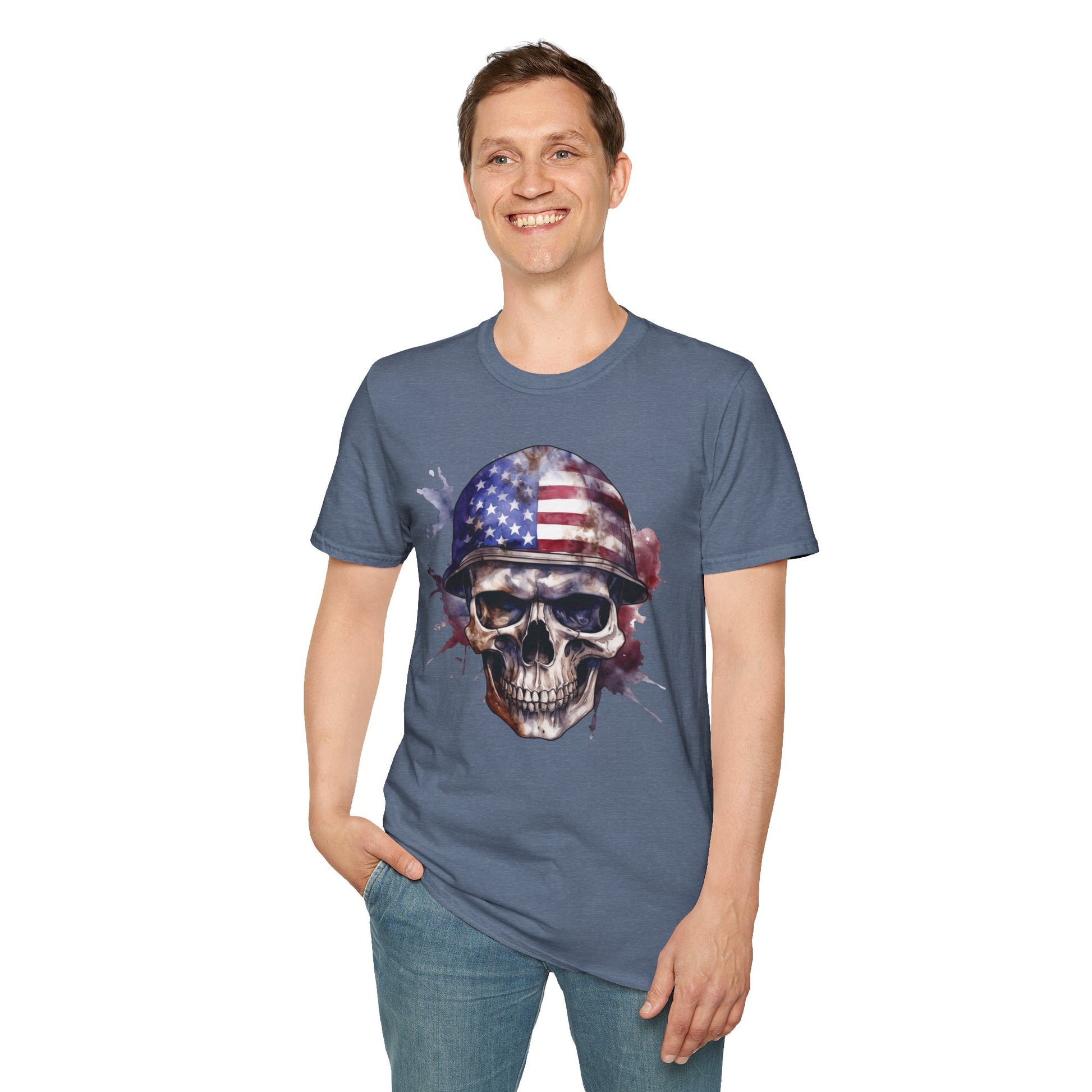 Patriotic Skull in Helmet - Unisex Softstyle T-Shirt - OCDandApparel
