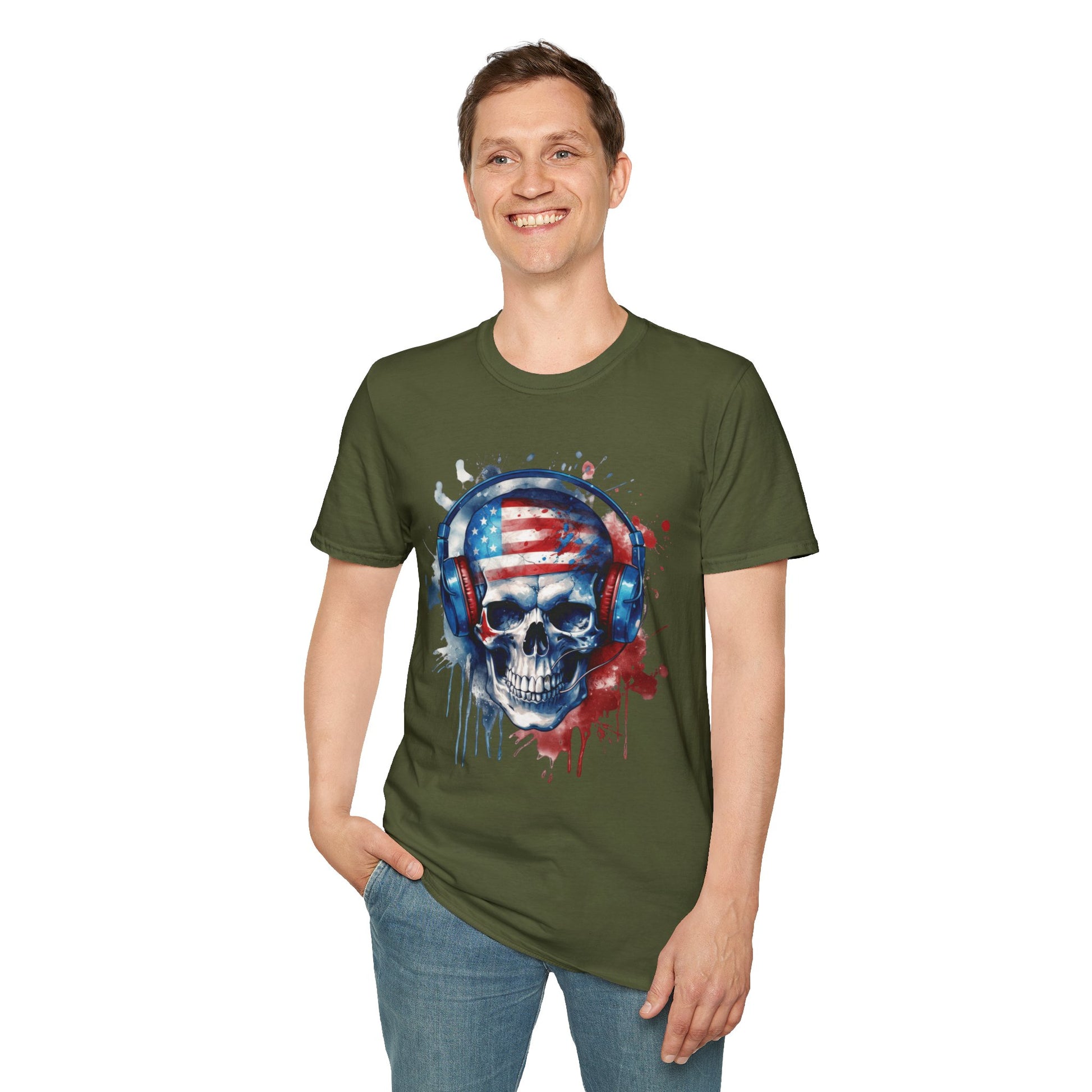 Patriotic Skull Headphones - Unisex Softstyle T-Shirt - OCDandApparel