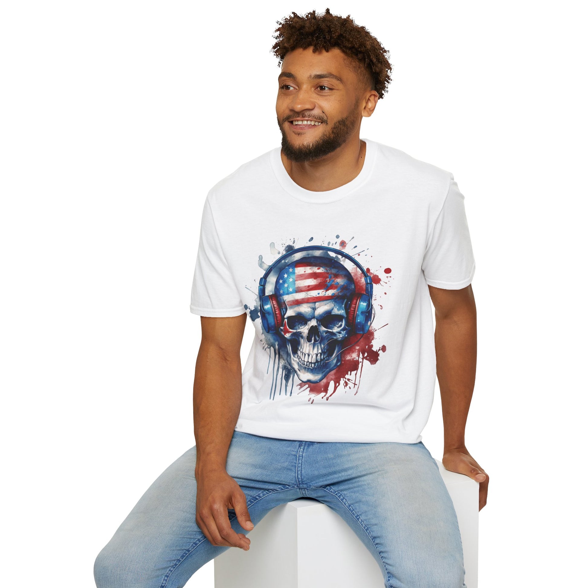 Patriotic Skull Headphones - Unisex Softstyle T-Shirt - OCDandApparel
