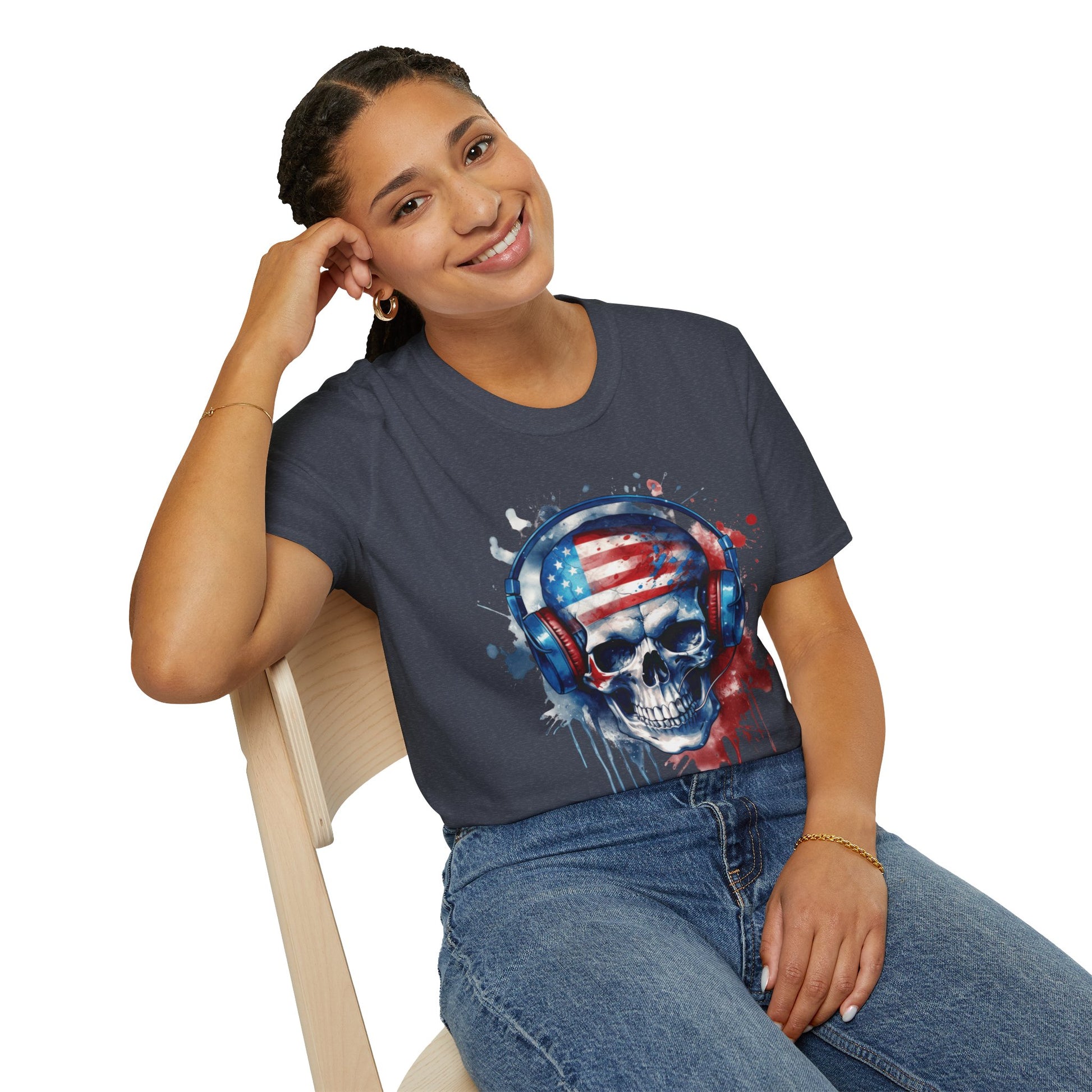 Patriotic Skull Headphones - Unisex Softstyle T-Shirt - OCDandApparel