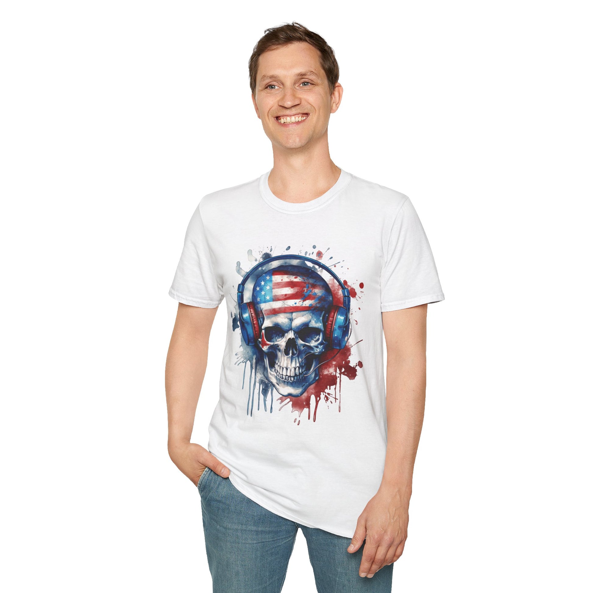 Patriotic Skull Headphones - Unisex Softstyle T-Shirt - OCDandApparel