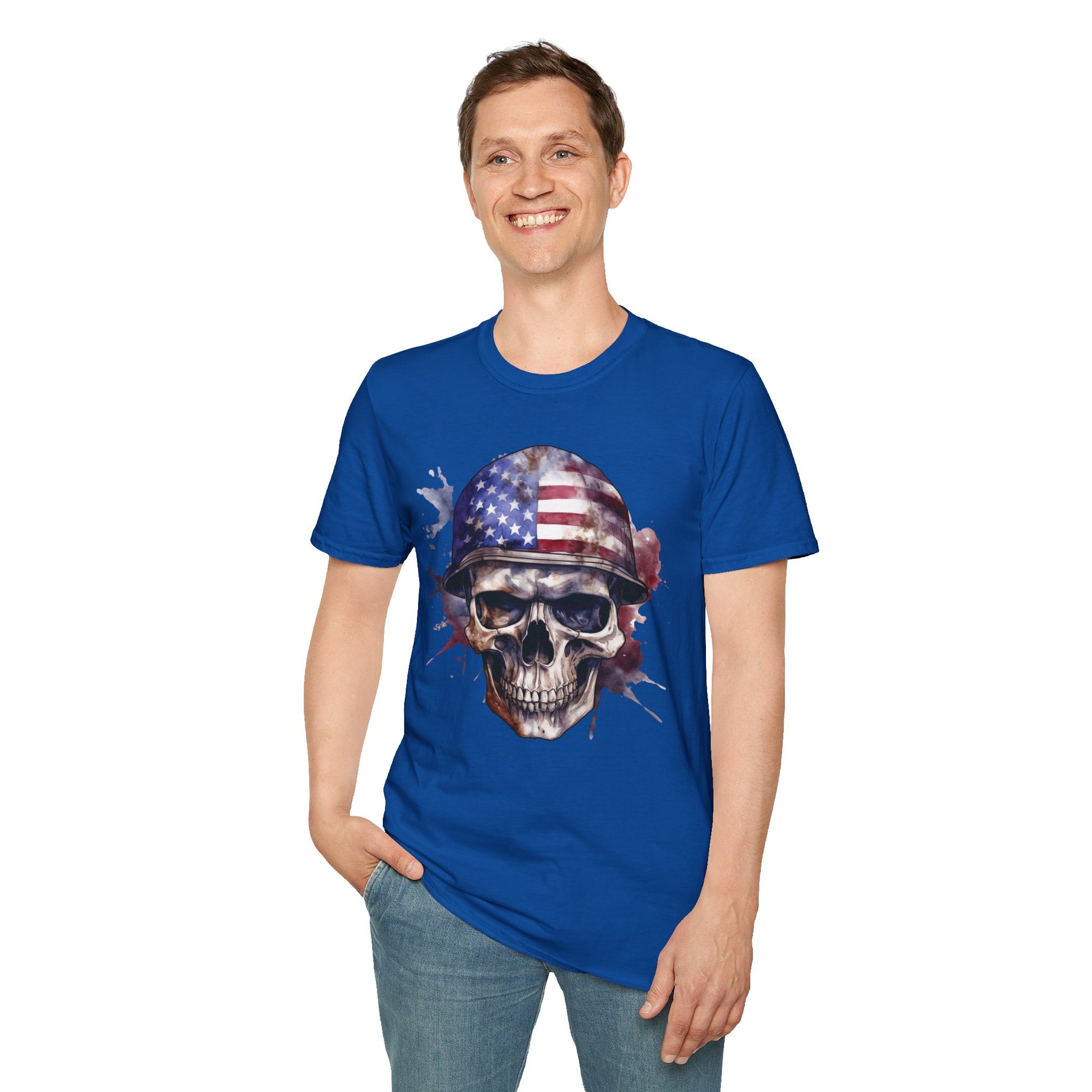 Patriotic Skull in Helmet - Unisex Softstyle T-Shirt - OCDandApparel