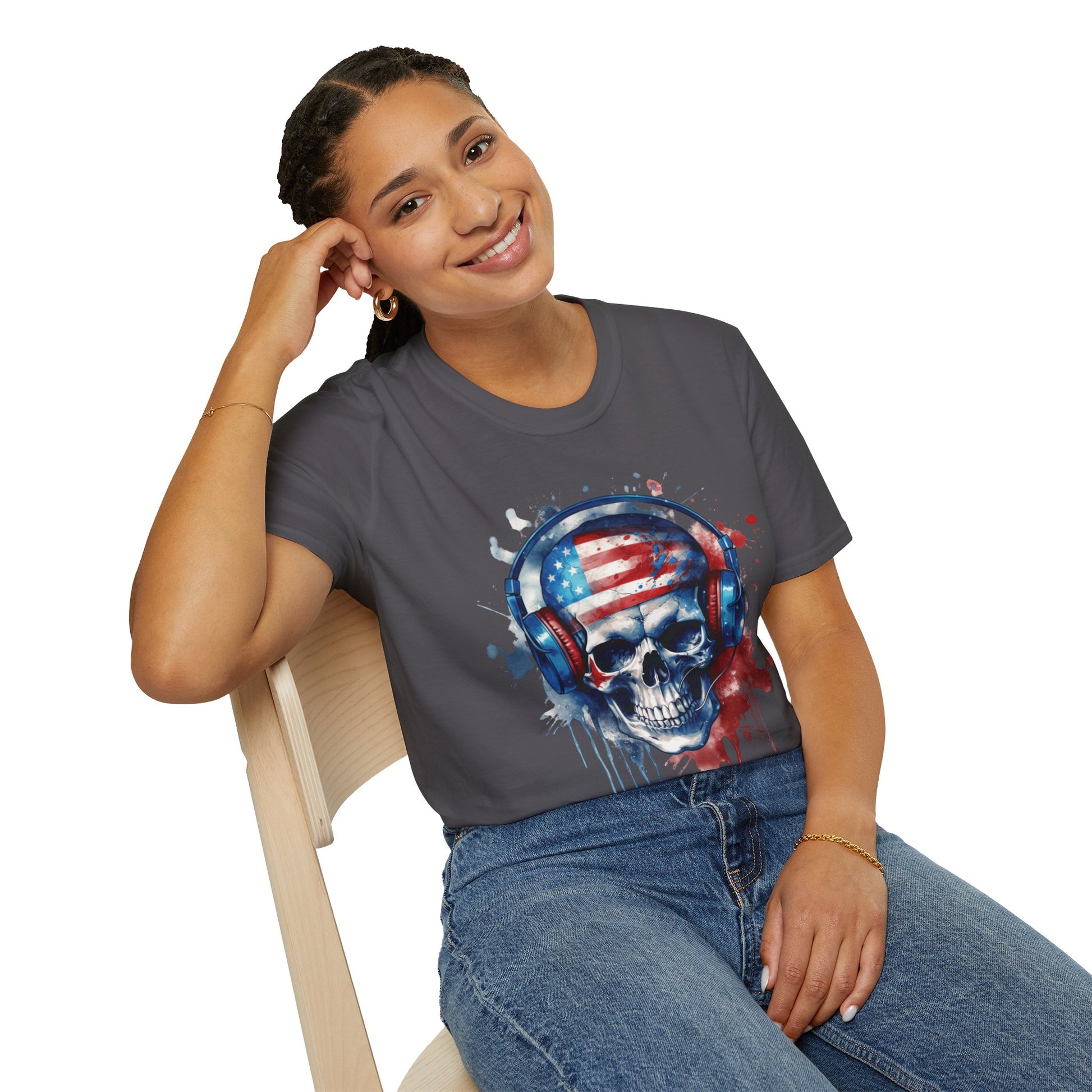 Patriotic Skull Headphones - Unisex Softstyle T-Shirt - OCDandApparel